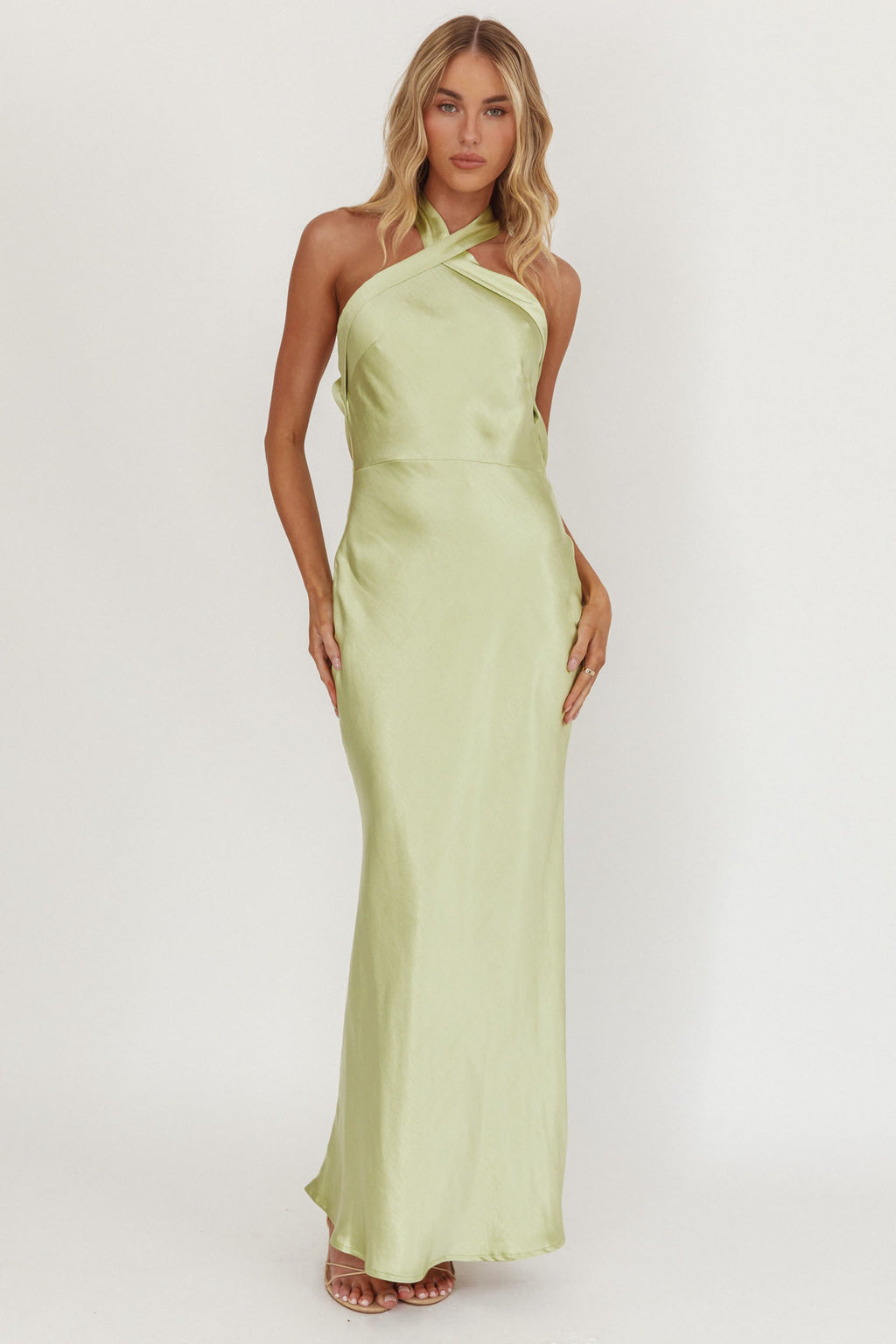 Italia Azure Crossover Halterneck Maxi Dress Pistachio Selfie Leslie