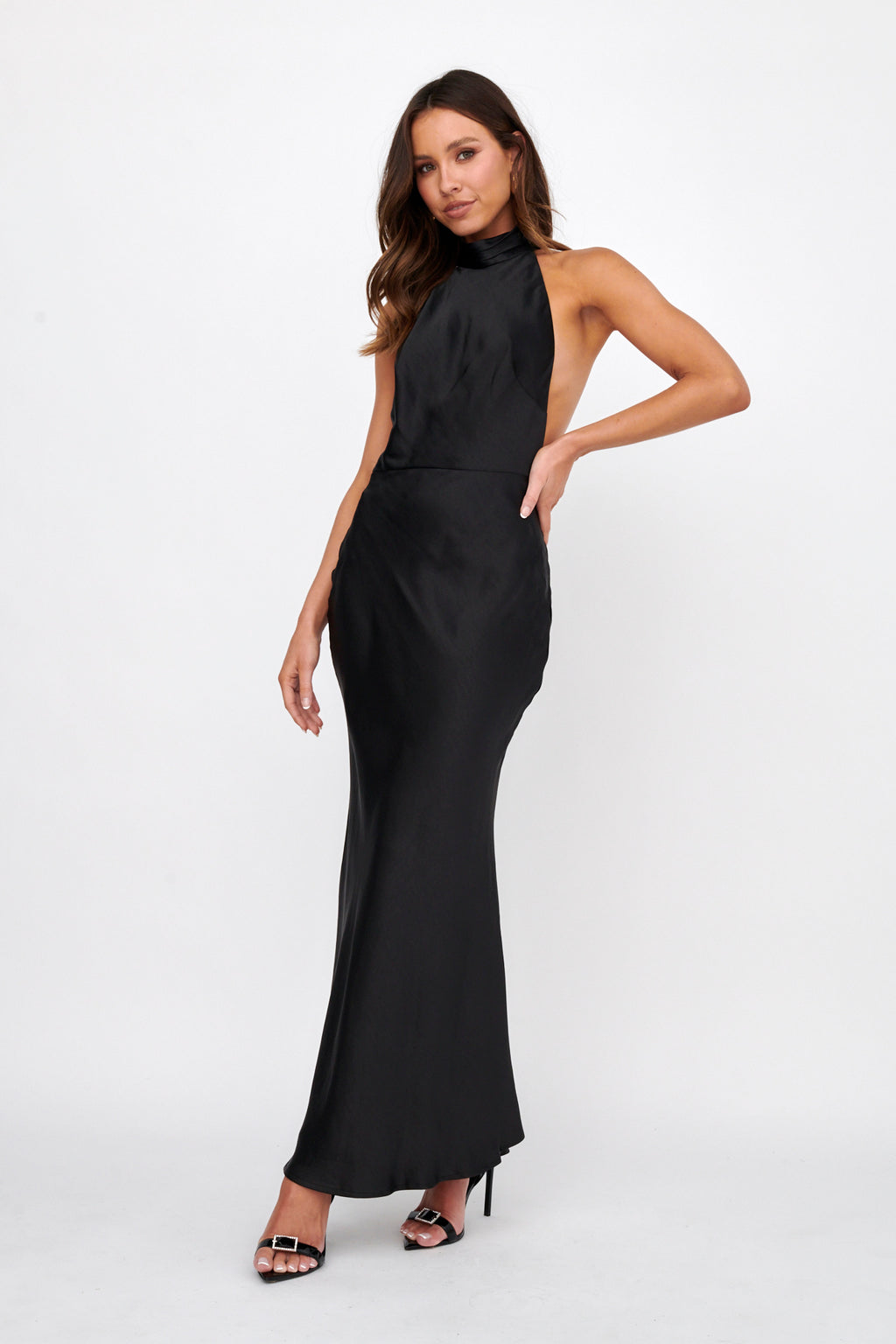 Italia Azure Halterneck Pearl Back Maxi Dress Black by Selfie Leslie