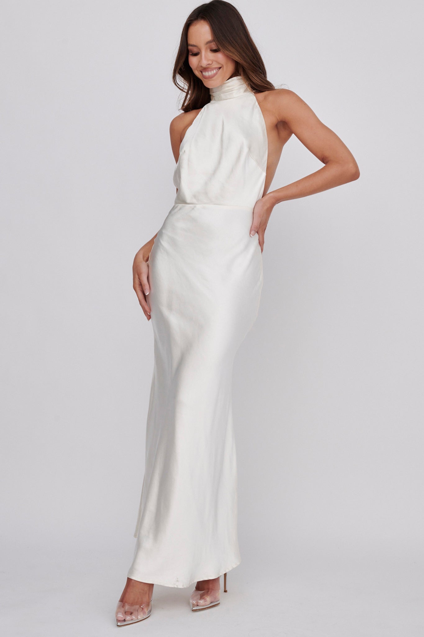 italia azure halterneck maxi dress oyster Italia Azure Halterneck Pearl Back Maxi Dress Oyster