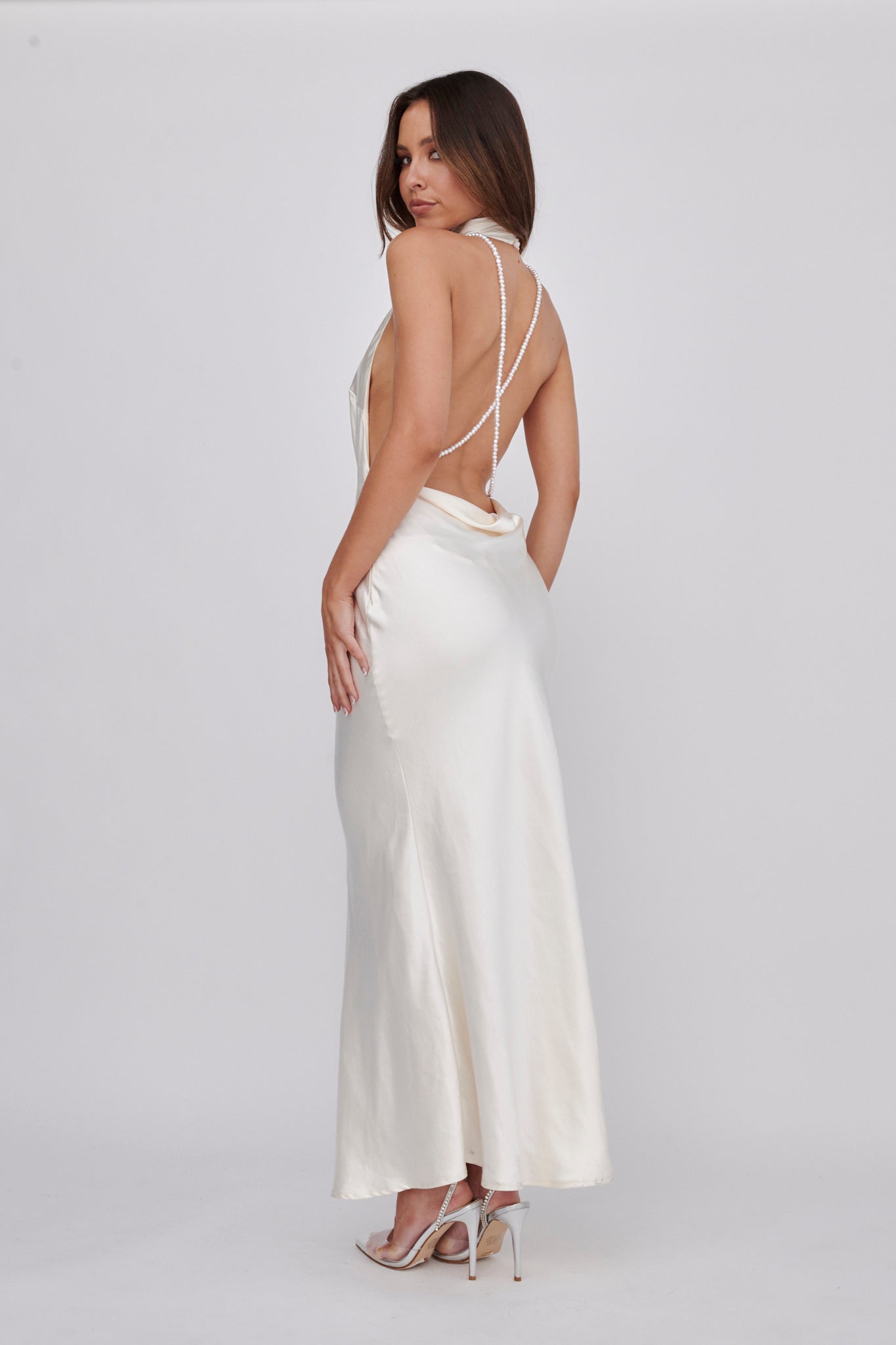 Italia Azure Halterneck Pearl Back Maxi Dress Oyster Italia Azure Halterneck Pearl Back Maxi Dress Oyster