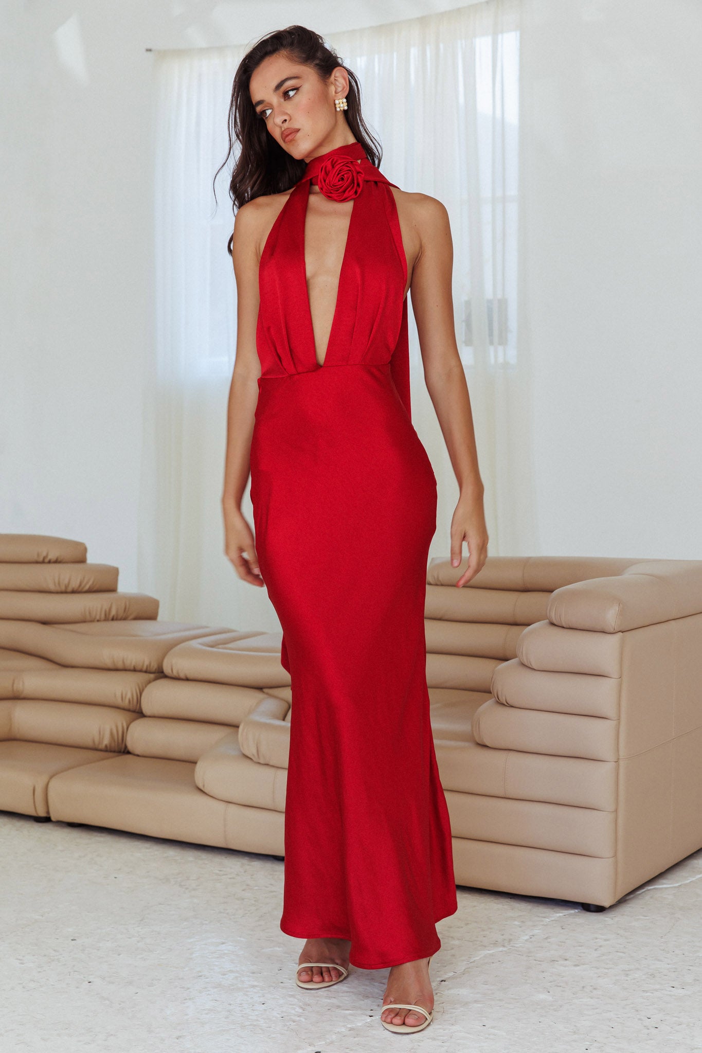 Italia Azure Halterneck Rose Dress Cherry | Selfie Leslie