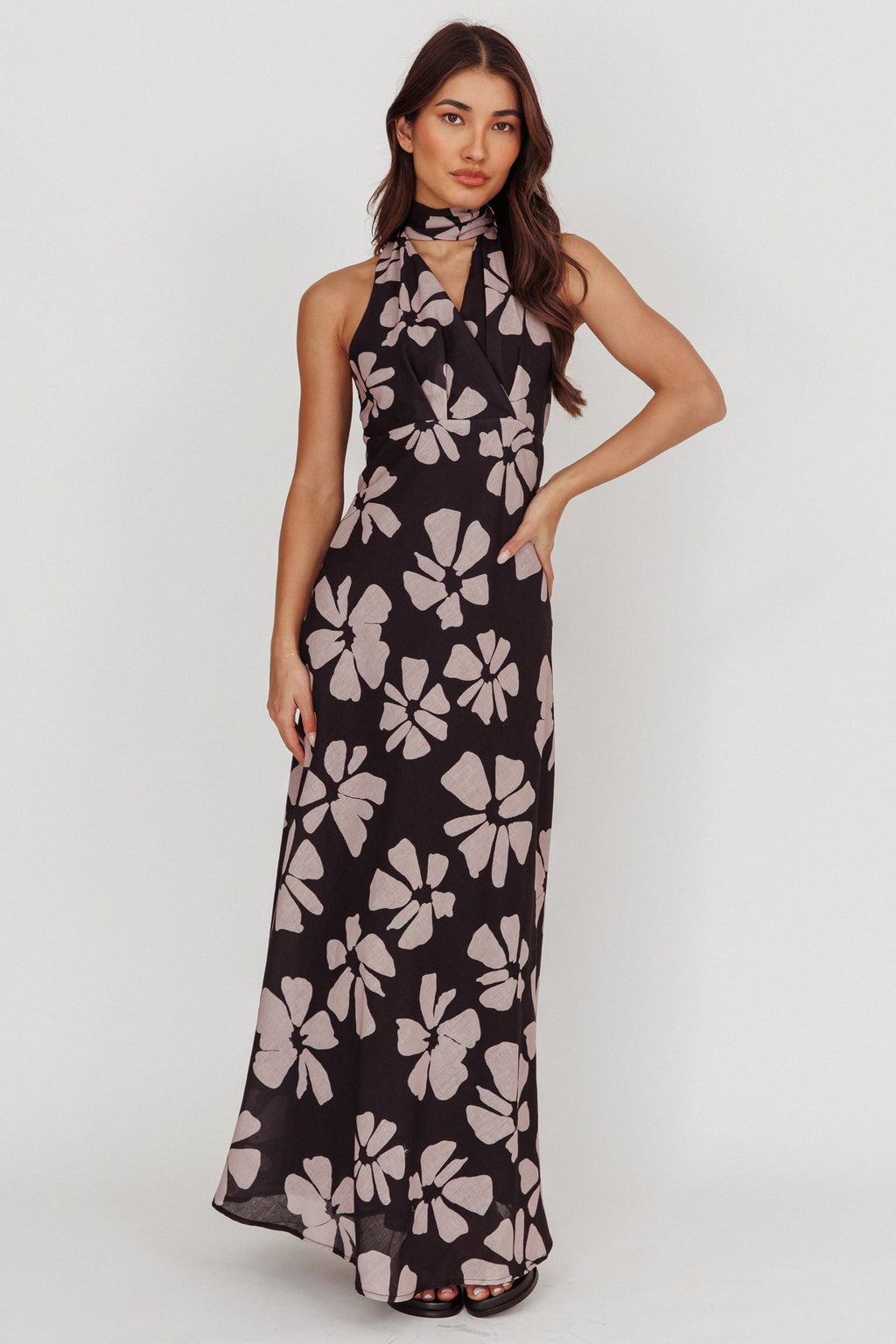 Italia Azure Halterneck Floral Maxi Dress Black by Selfie Leslie
