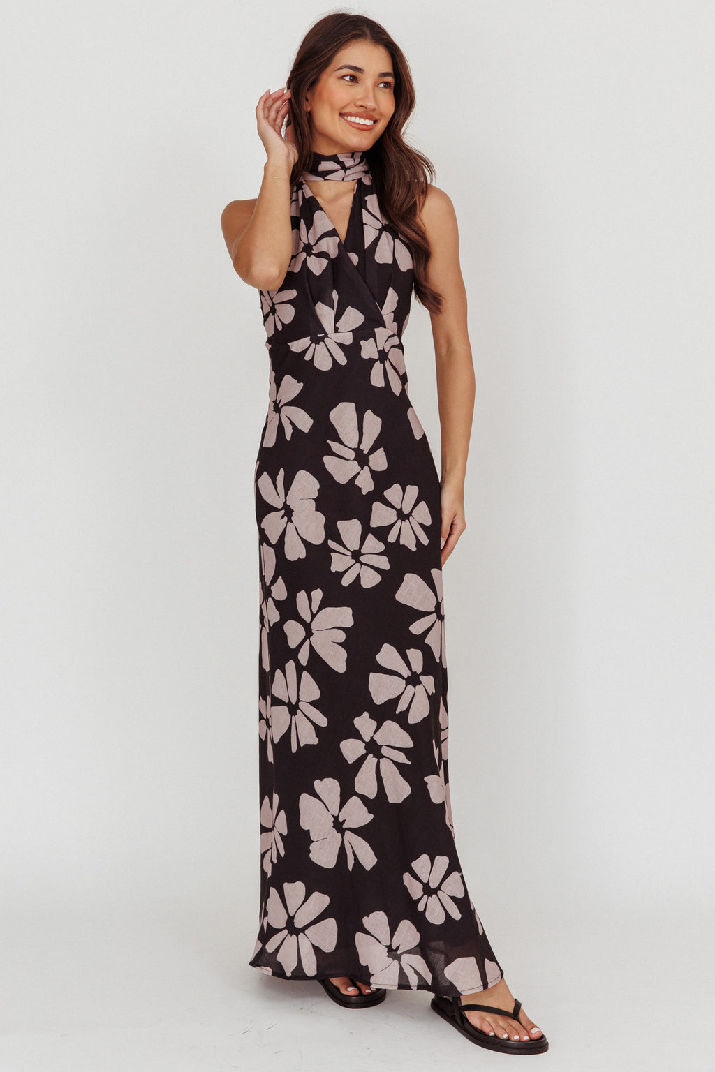 Italia Azure Halterneck Floral Maxi Dress Black by Selfie Leslie