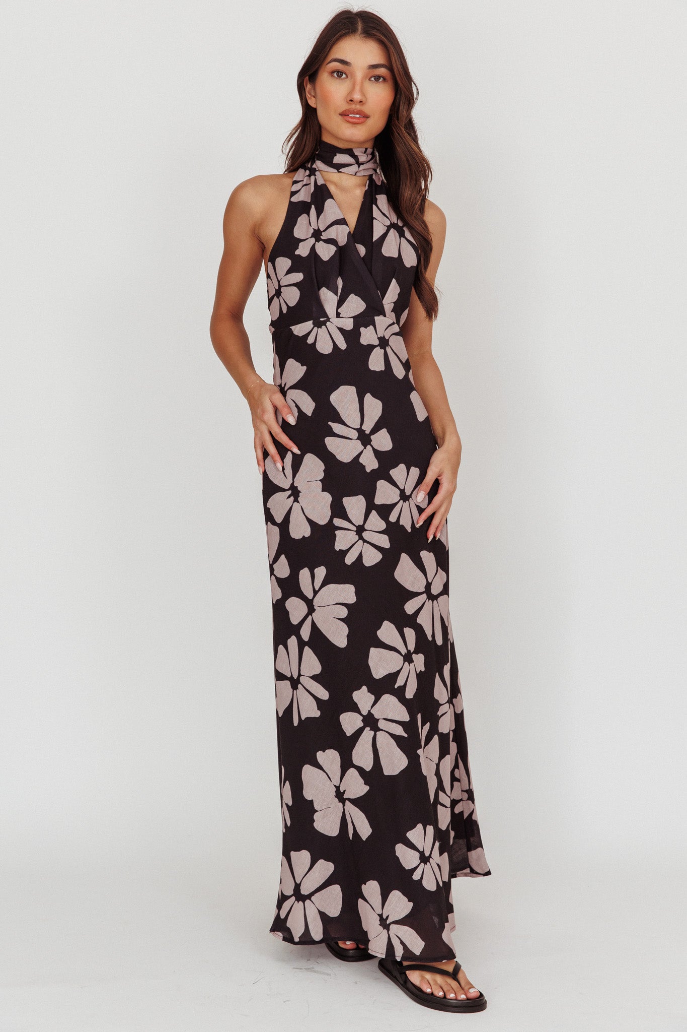 Italia Azure Halterneck Floral Maxi Dress Black by Selfie Leslie