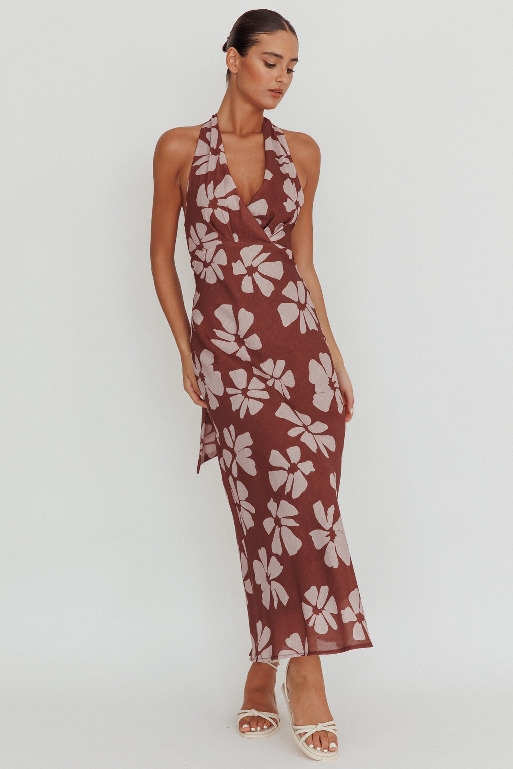 Italia Azure Halterneck Floral Maxi Dress Brown by Selfie Leslie