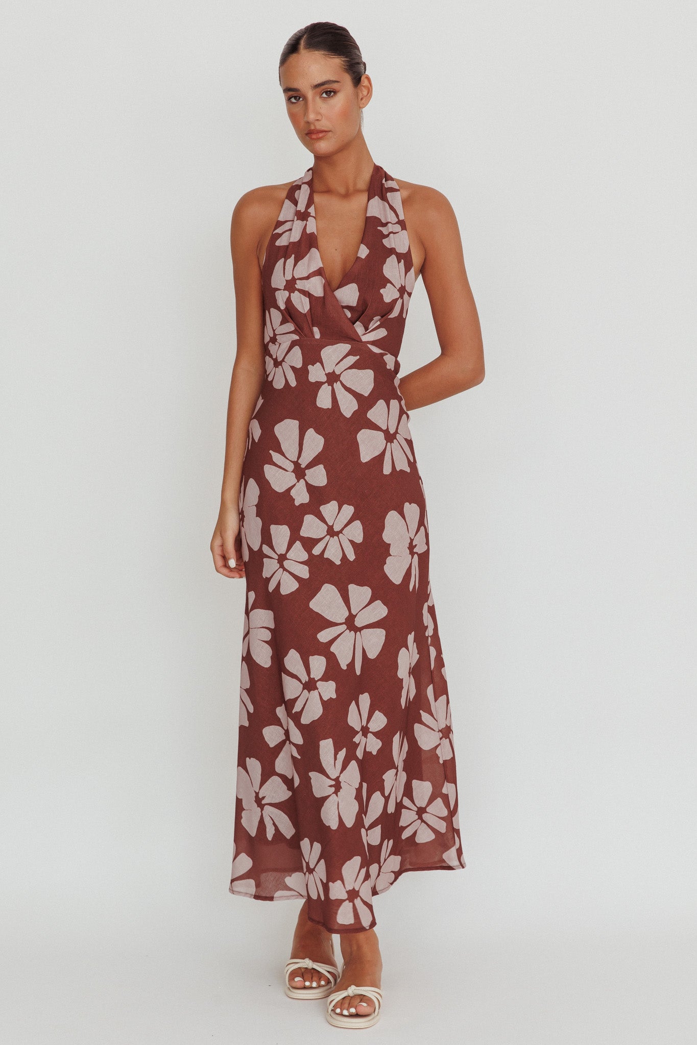 Italia Azure Halterneck Floral Maxi Dress Brown by Selfie Leslie
