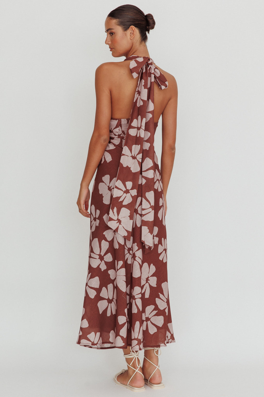 Italia Azure Halterneck Floral Maxi Dress Brown by Selfie Leslie