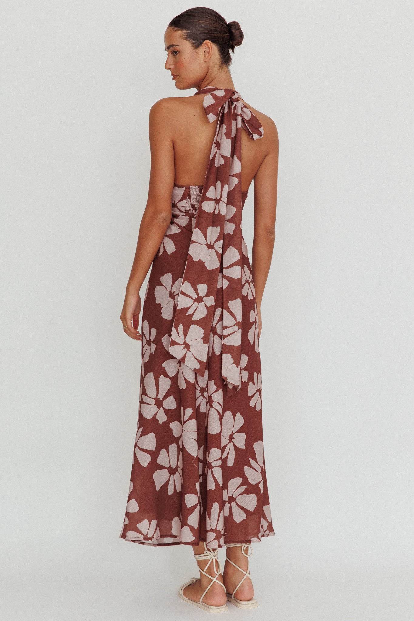Italia Azure Halterneck Floral Maxi Dress Brown by Selfie Leslie
