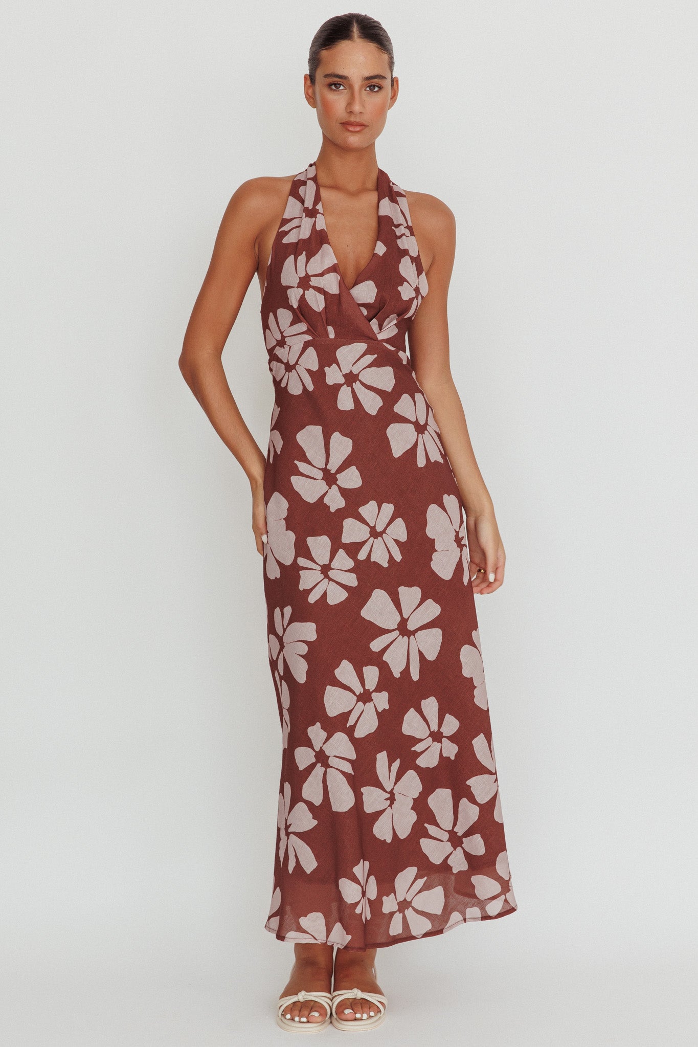 Italia Azure Halterneck Floral Maxi Dress Brown by Selfie Leslie