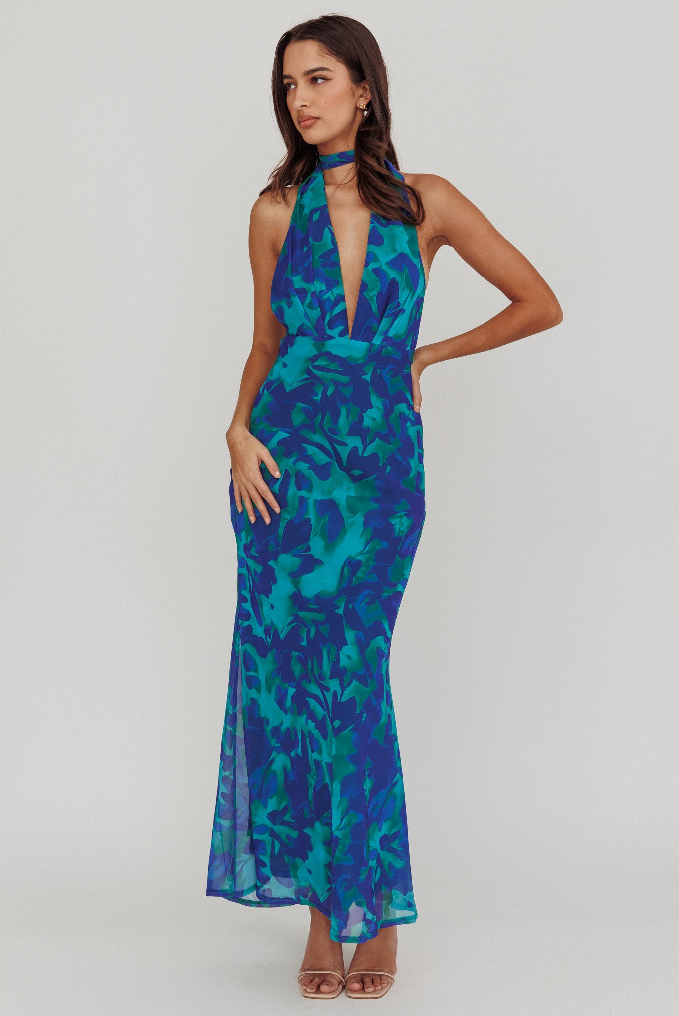 Italia Azure Halterneck Maxi Dress Abstract Blue by Selfie Leslie