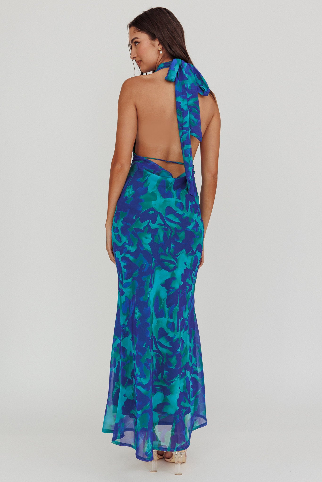 Italia Azure Halterneck Maxi Dress Abstract Blue by Selfie Leslie