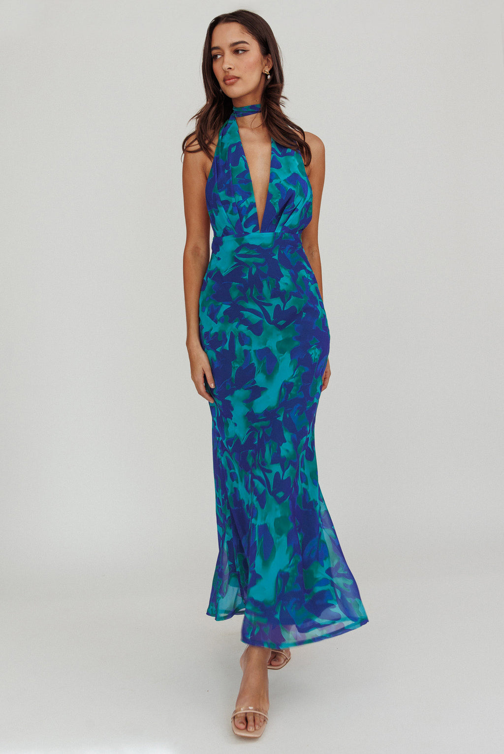 Italia Azure Halterneck Maxi Dress Abstract Blue by Selfie Leslie
