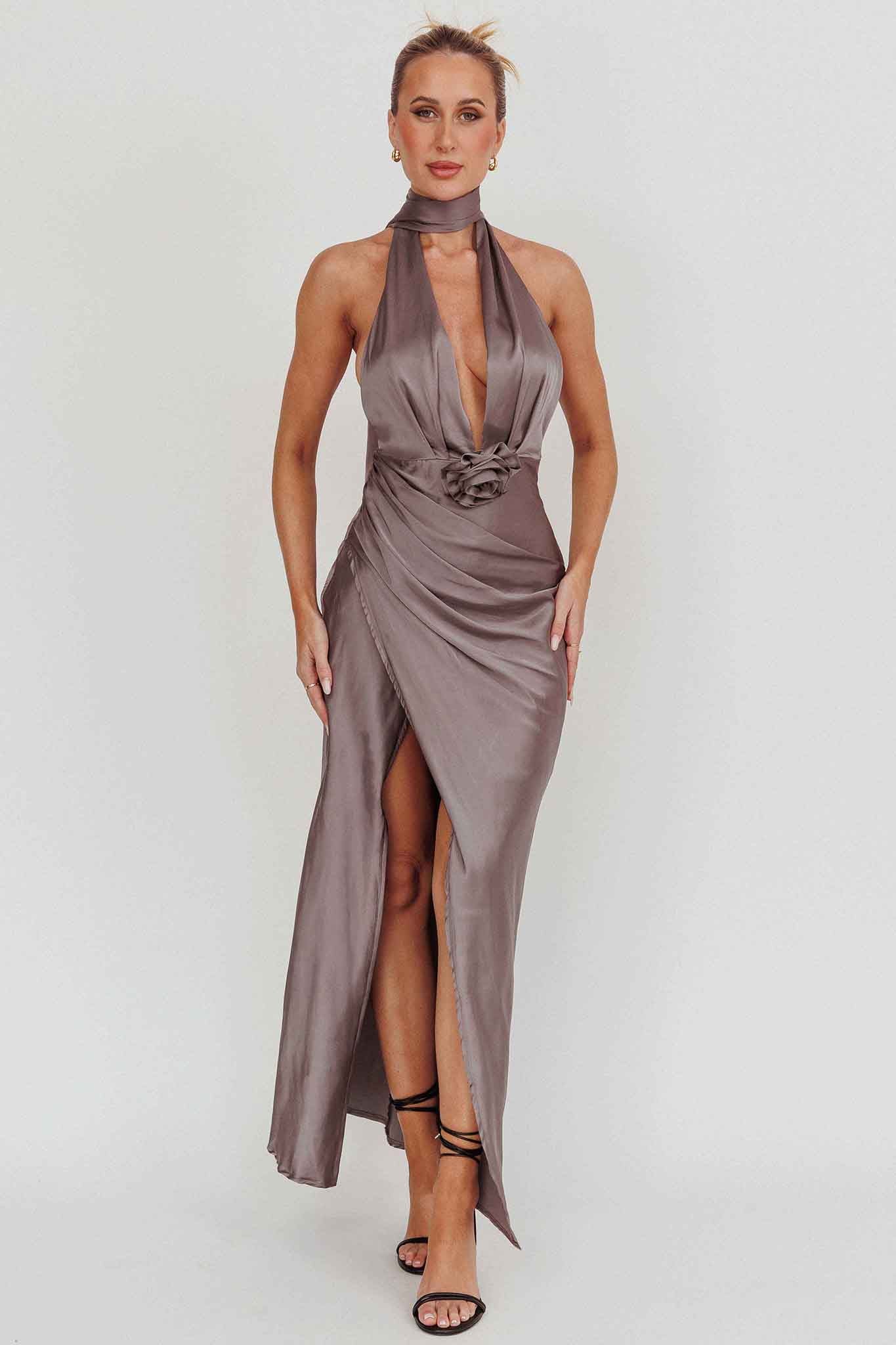 Italia Azure Halterneck Rosette Maxi Dress Grey | Selfie Leslie