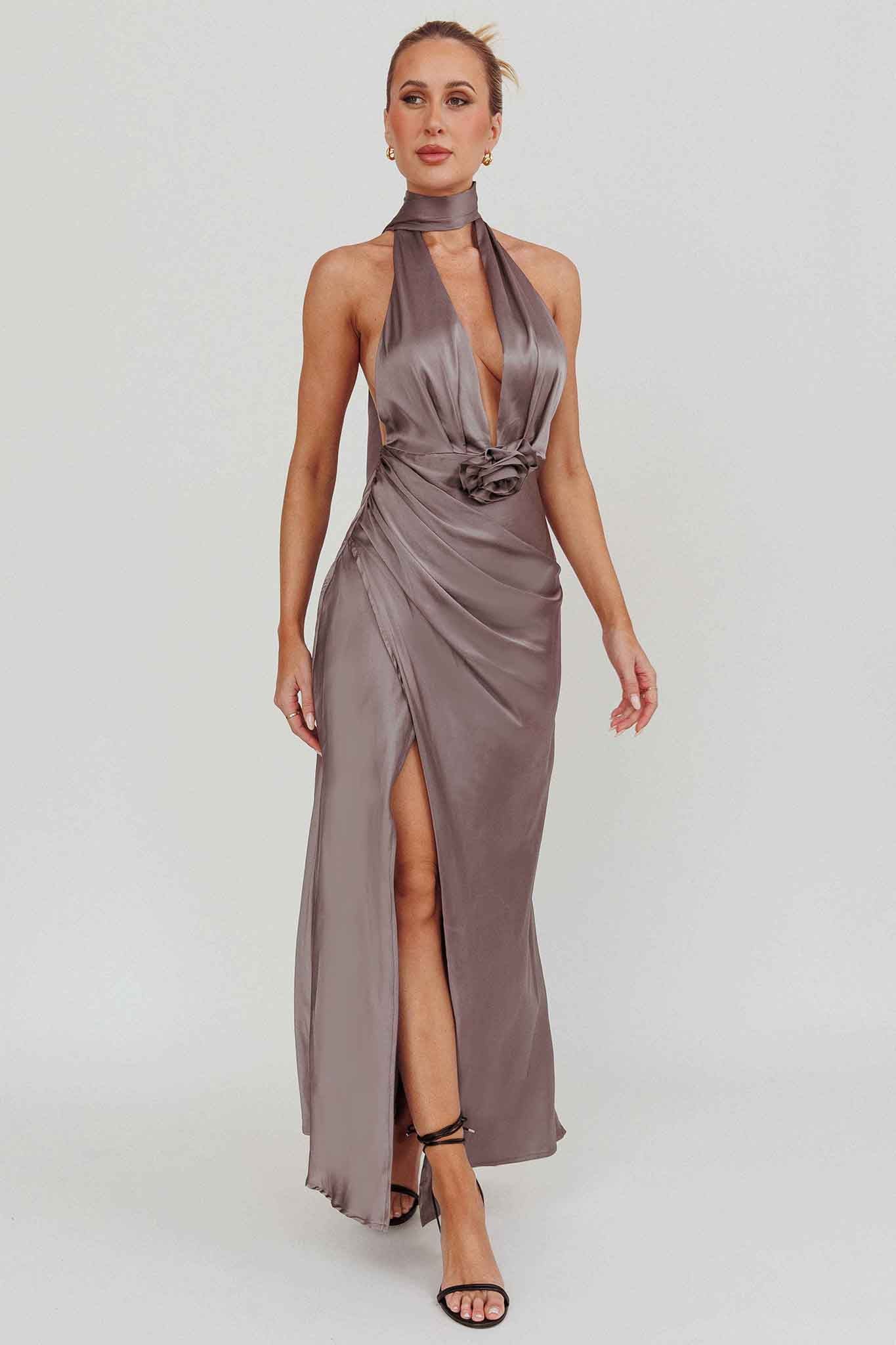 Italia Azure Halterneck Rosette Maxi Dress Grey | Selfie Leslie