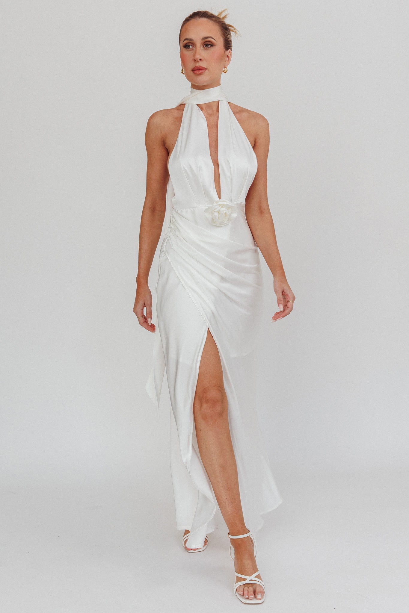 Italia Azure Halterneck Rosette Maxi Dress Oyster by Selfie Leslie