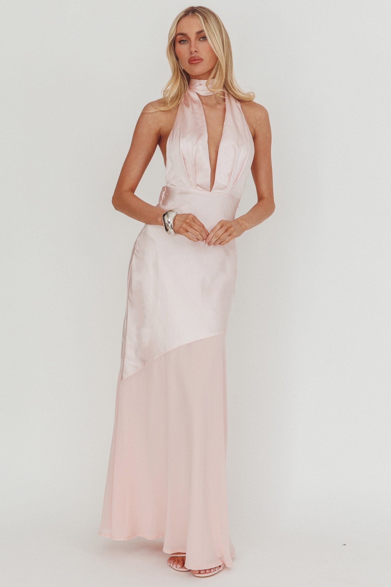 Italia Azure Halterneck Sheer Hem Maxi Dress Blush by Selfie Leslie