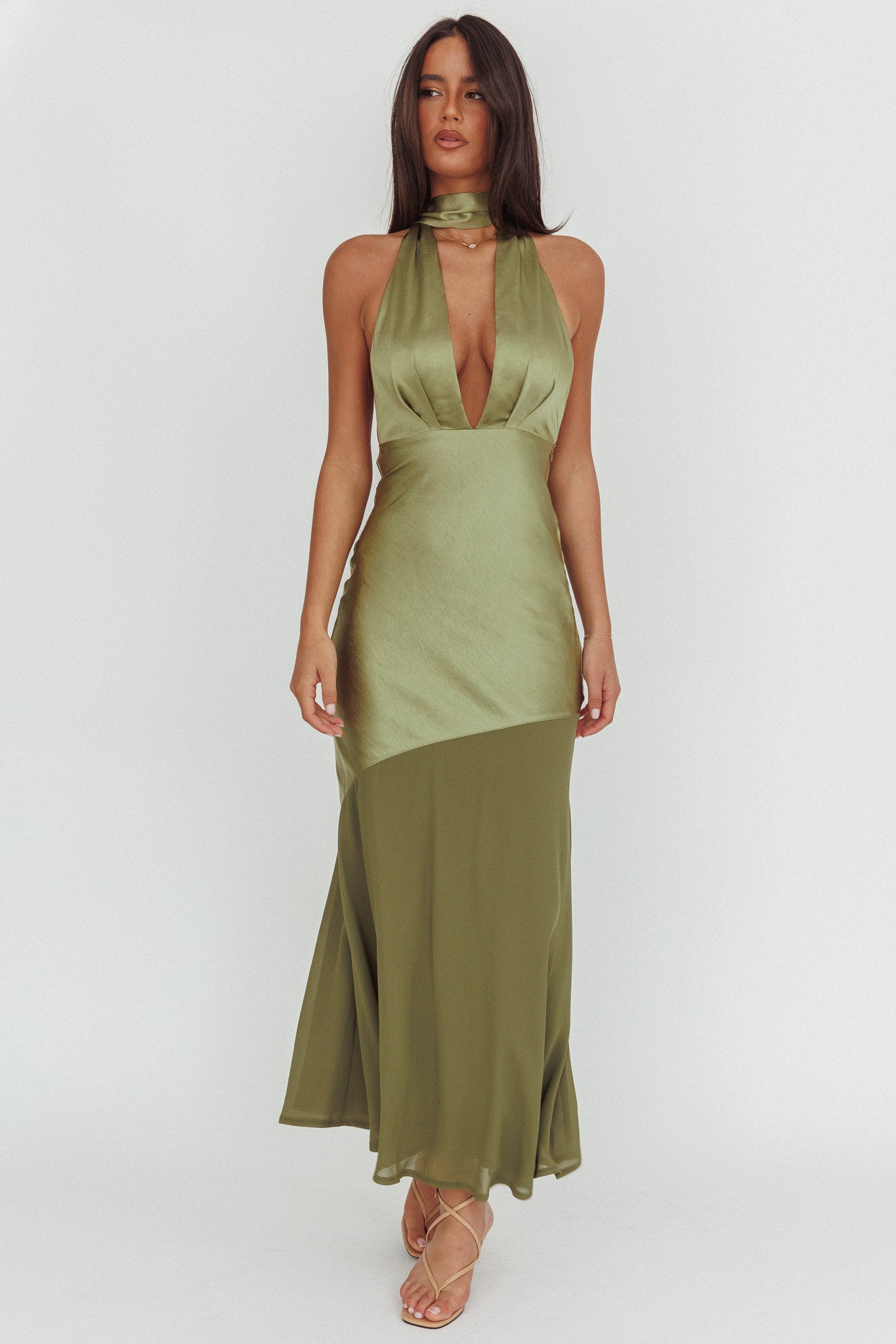 Shop the Italia Azure Halterneck Sheer Hem Maxi Dress Olive