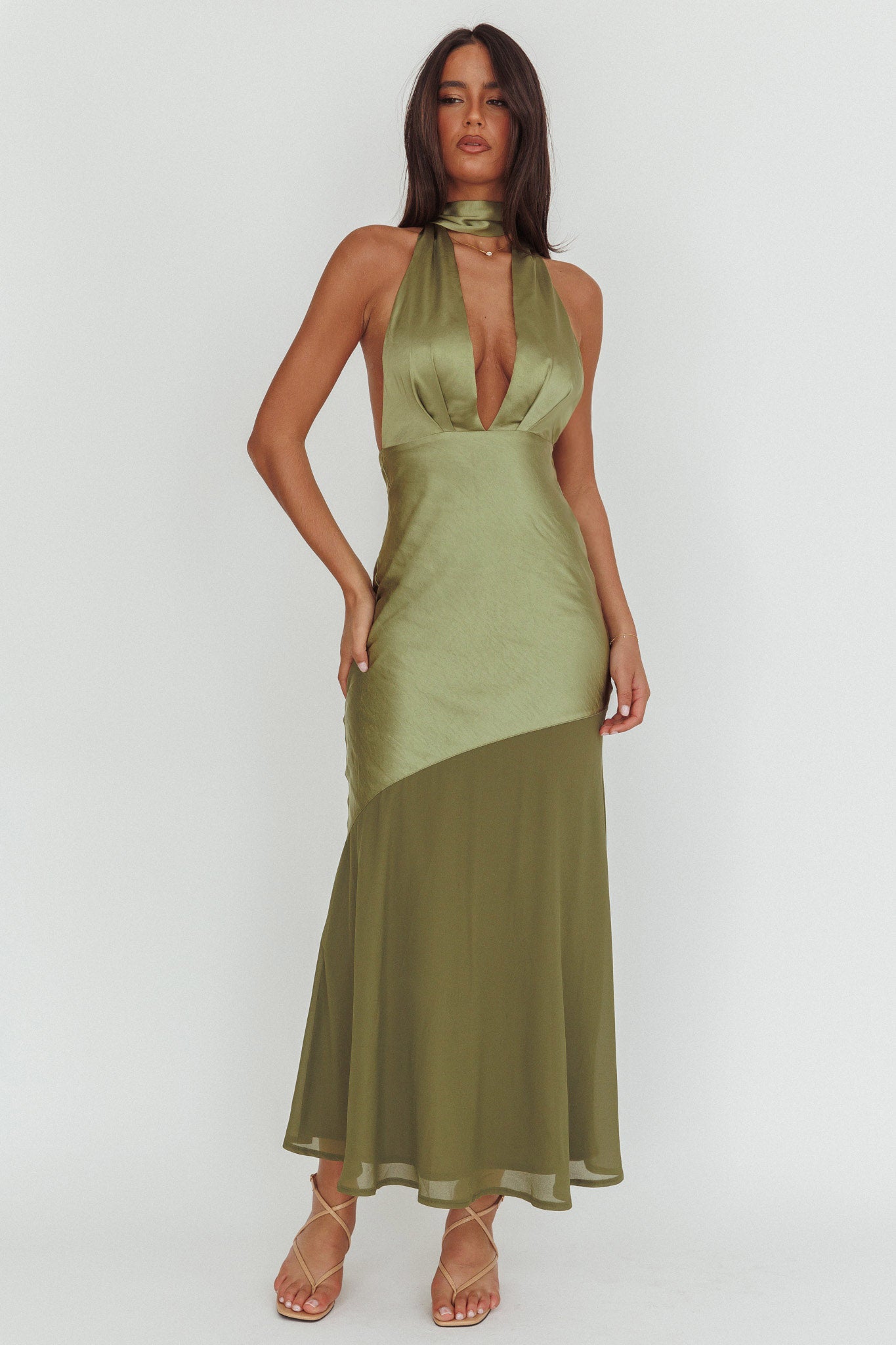 Shop the Italia Azure Halterneck Sheer Hem Maxi Dress Olive