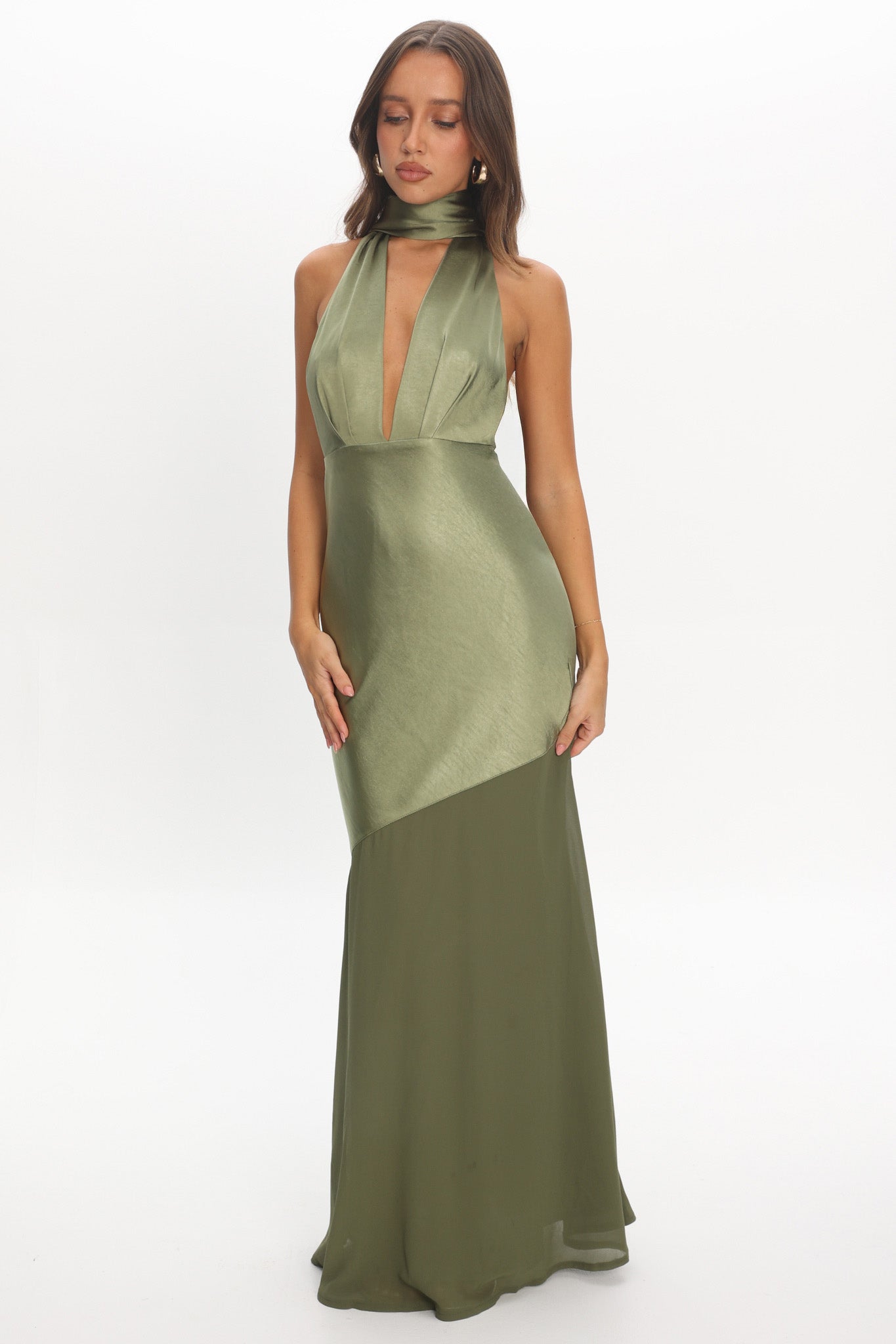 Italia Azure Halterneck Sheer Hem Maxi Dress Olive | Selfie Leslie Italia Azure Halterneck Sheer Hem Maxi Dress Olive | Selfie Leslie
