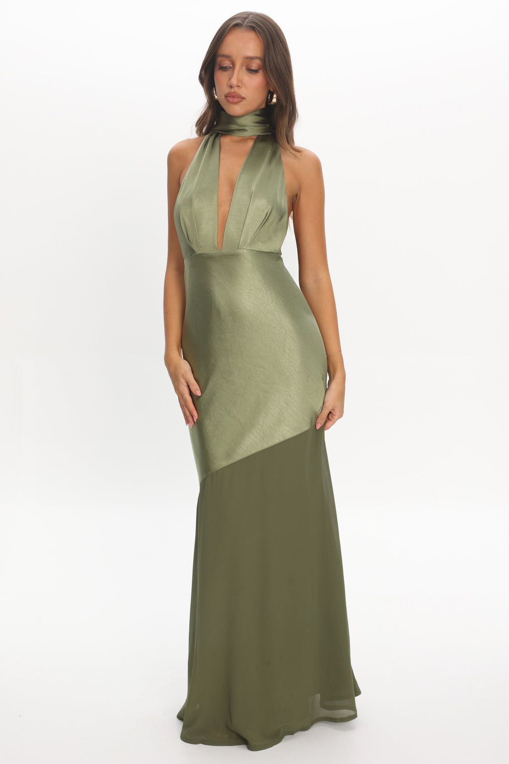 Italia Azure Halterneck Sheer Hem Maxi Dress Olive | Selfie Leslie Italia Azure Halterneck Sheer Hem Maxi Dress Olive | Selfie Leslie