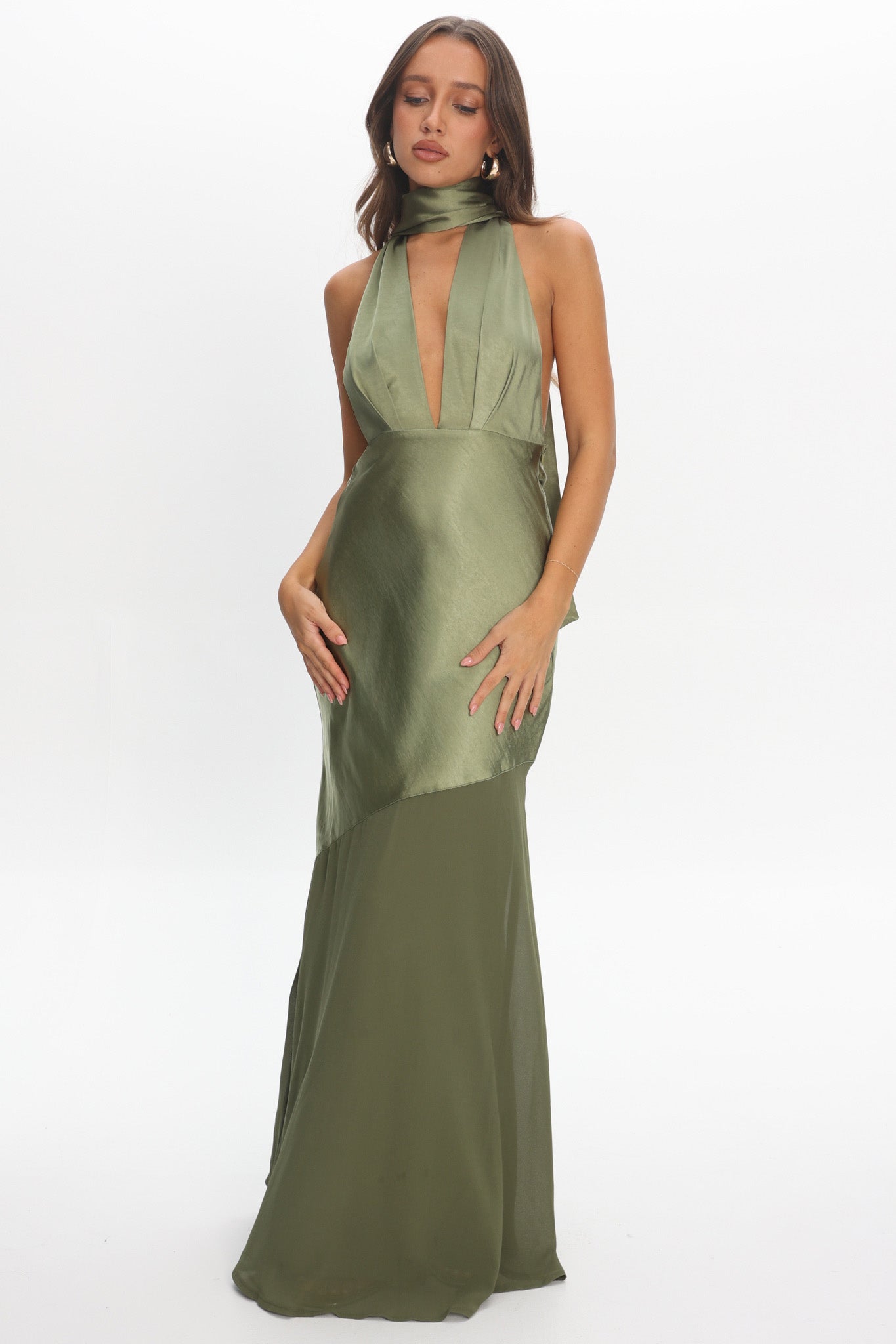 Italia Azure Halterneck Sheer Hem Maxi Dress Olive | Selfie Leslie
