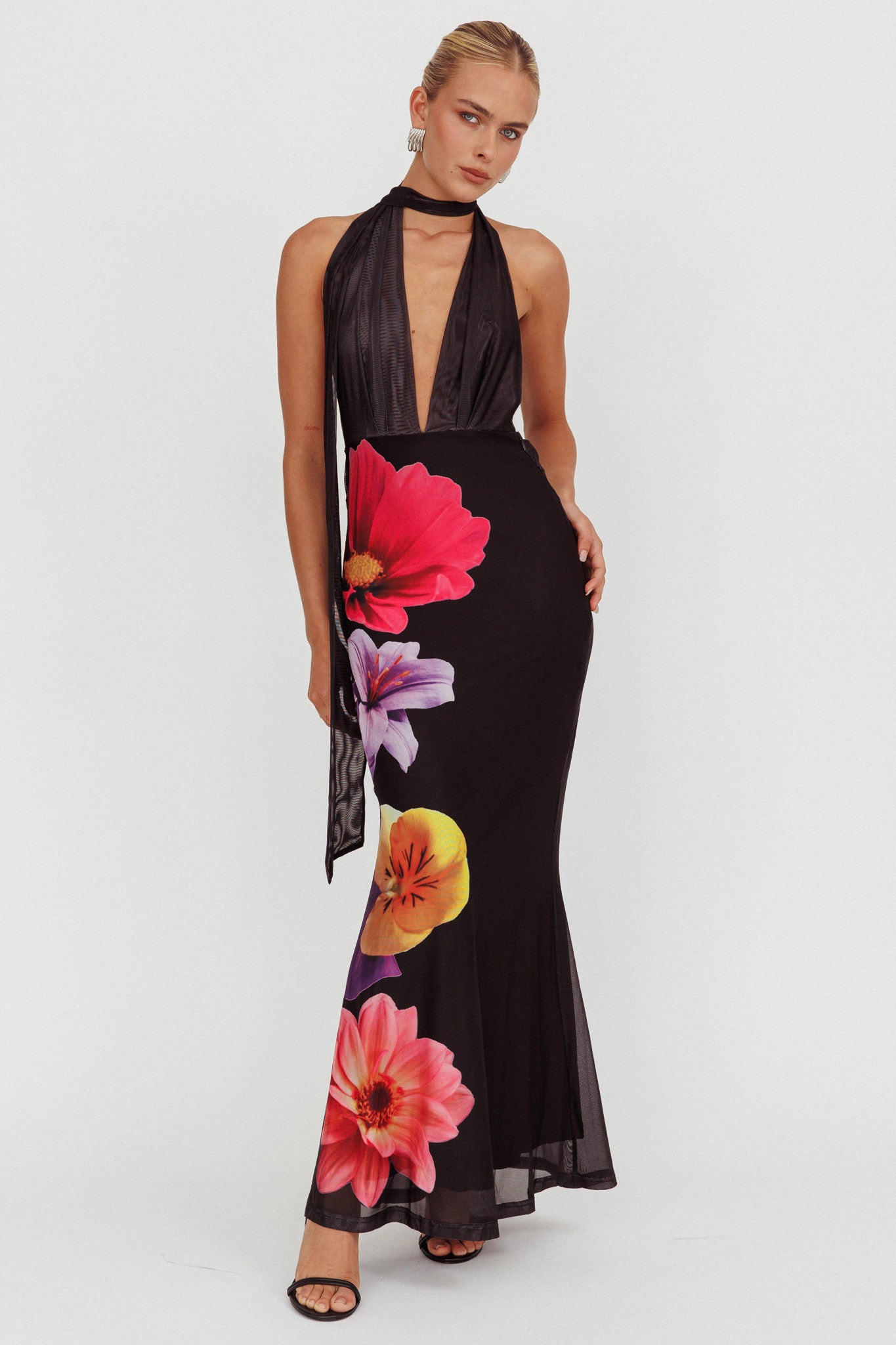 Italia Azure Halterneck Maxi Dress Flowers Black by Selfie Leslie
