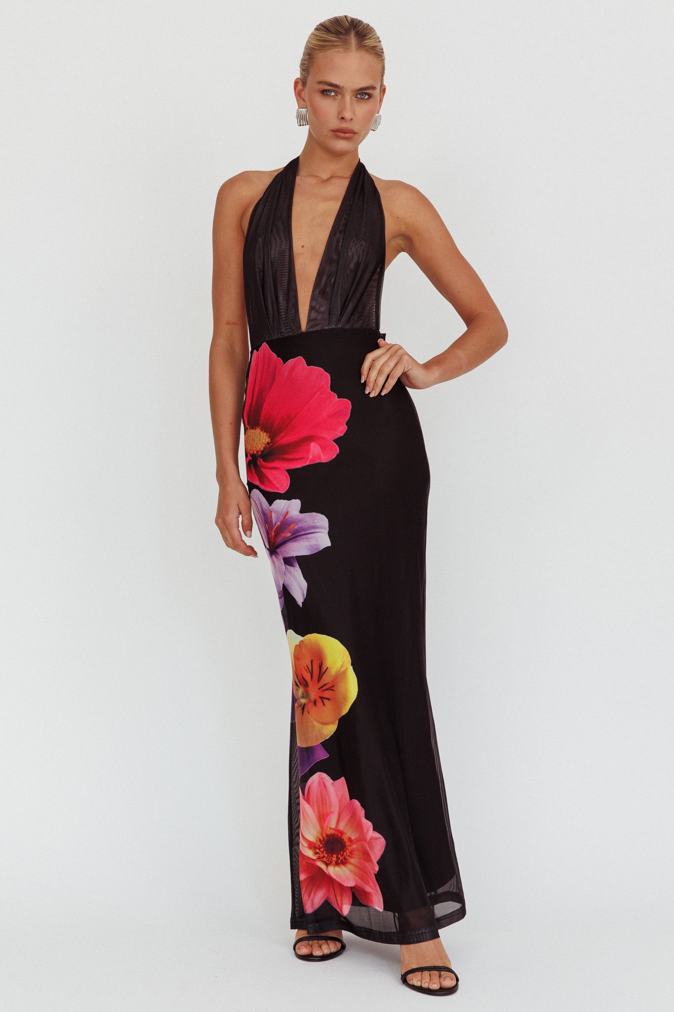 Italia Azure Halterneck Maxi Dress Flowers Black by Selfie Leslie