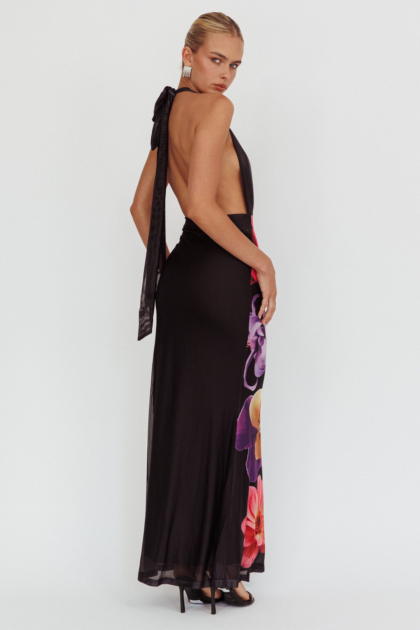 Italia Azure Halterneck Maxi Dress Flowers Black by Selfie Leslie