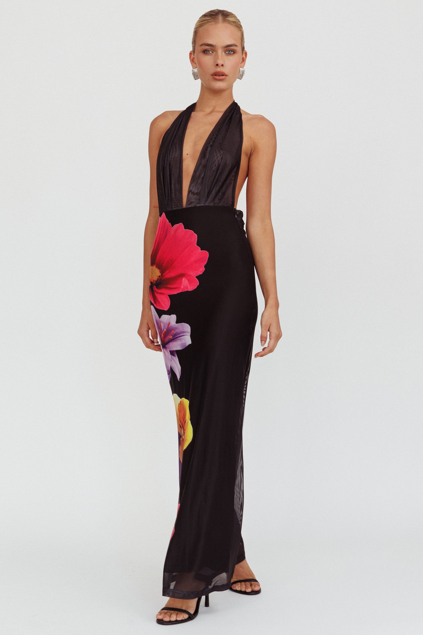 Italia Azure Halterneck Maxi Dress Flowers Black by Selfie Leslie