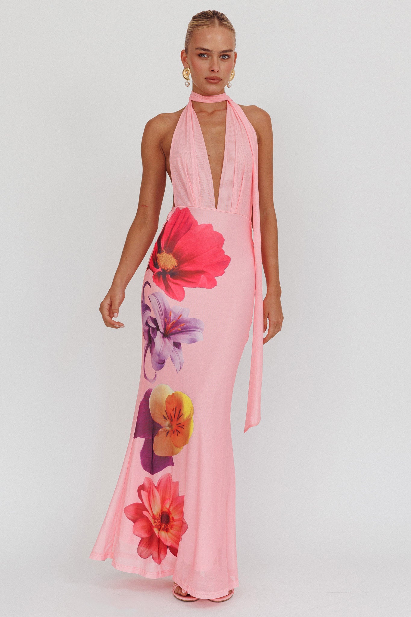Italia Azure Halterneck Maxi Dress Flowers Pink by Selfie Leslie
