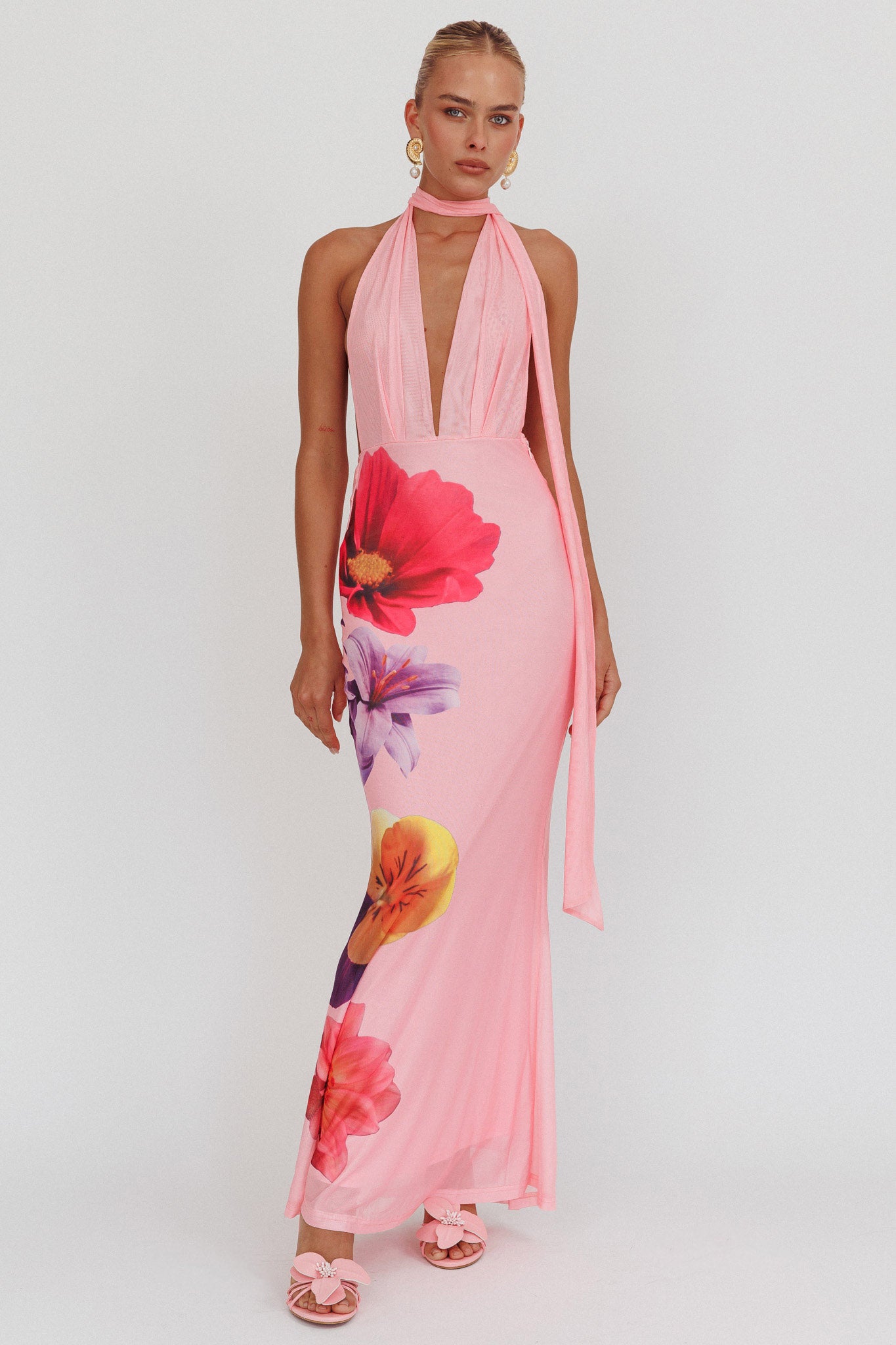 Italia Azure Halterneck Maxi Dress Flowers Pink by Selfie Leslie