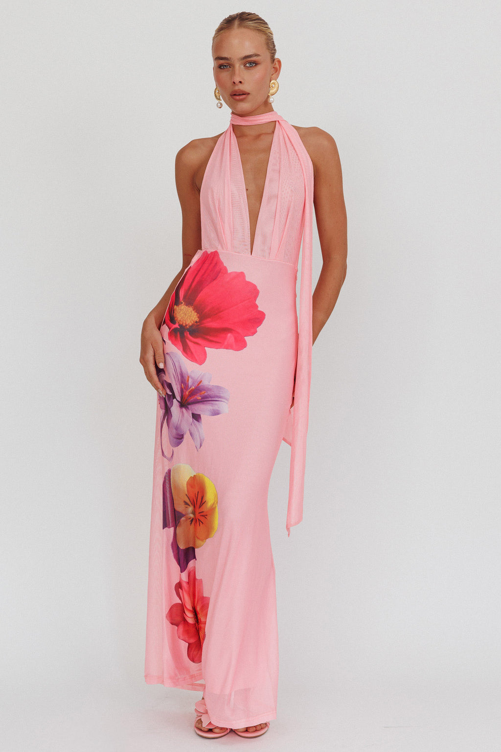 Italia Azure Halterneck Maxi Dress Flowers Pink by Selfie Leslie