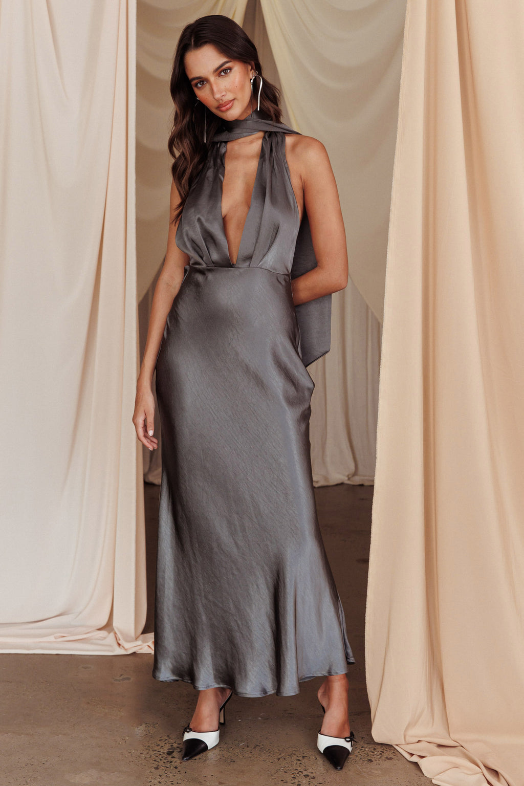 Italia Azure Halterneck Maxi Dress Charcoal by Selfie Leslie