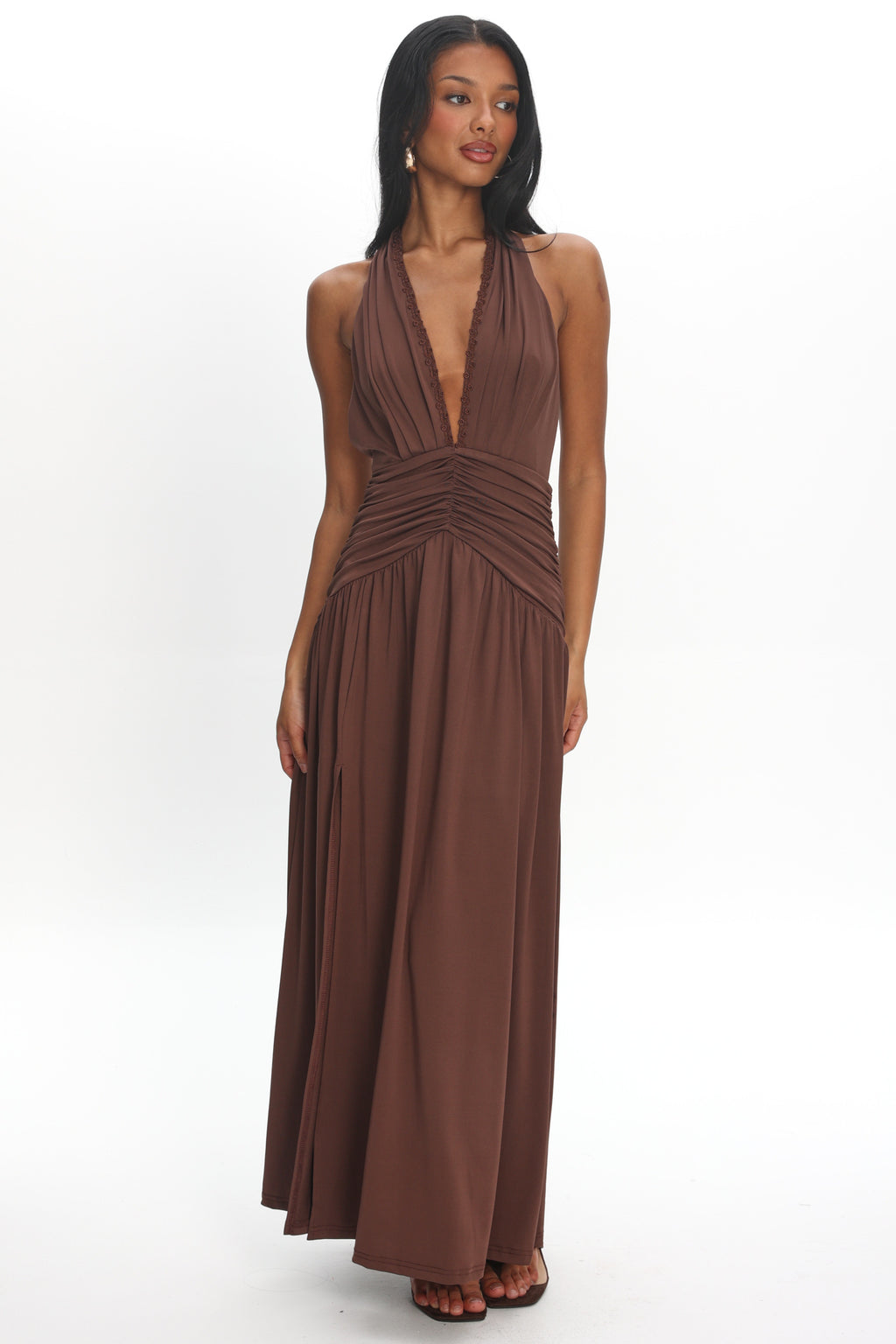 tanya maxi dress Tanya Halterneck Ruched Maxi Dress Chocolate