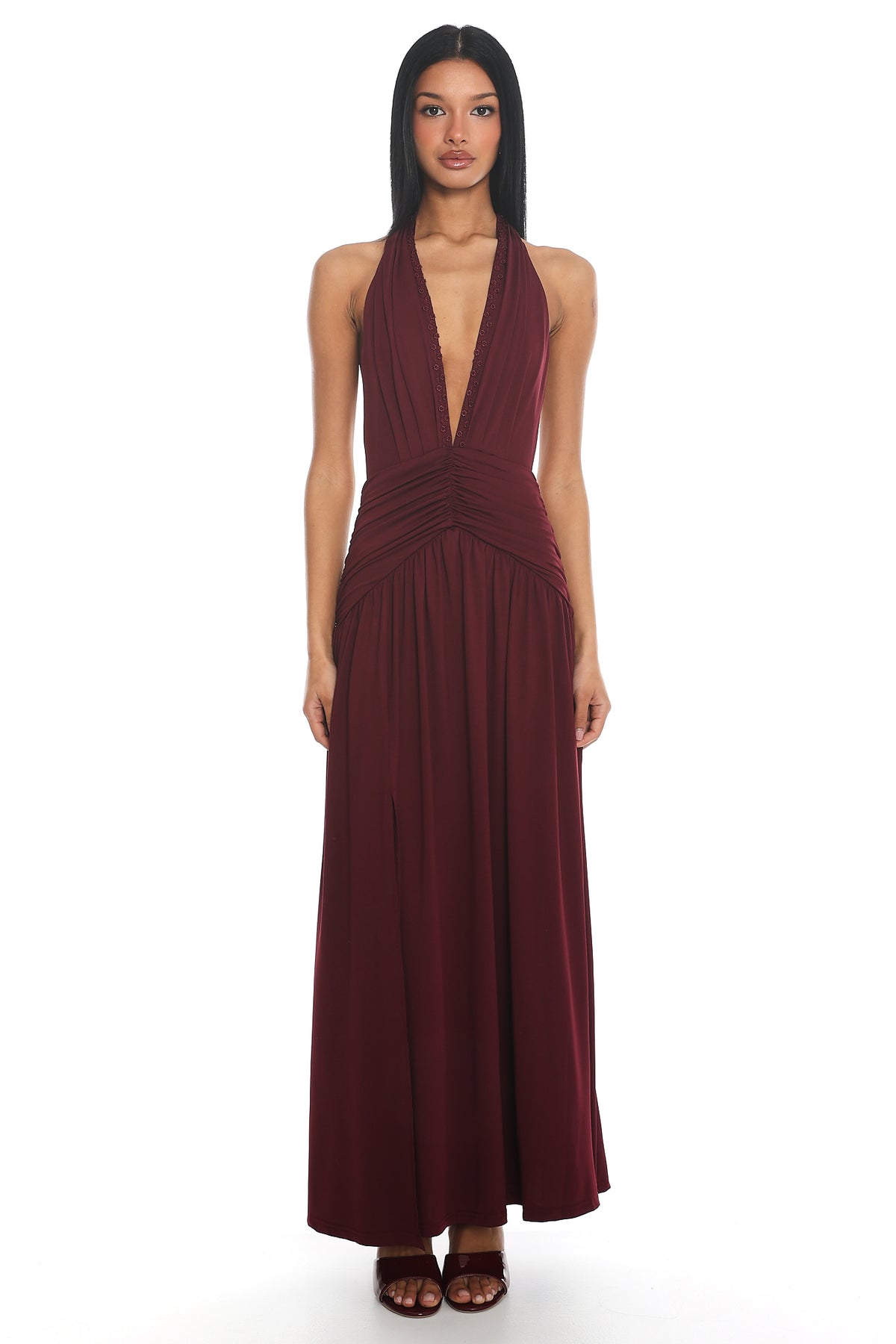 Tanya Halterneck Ruched Maxi Dress Plum