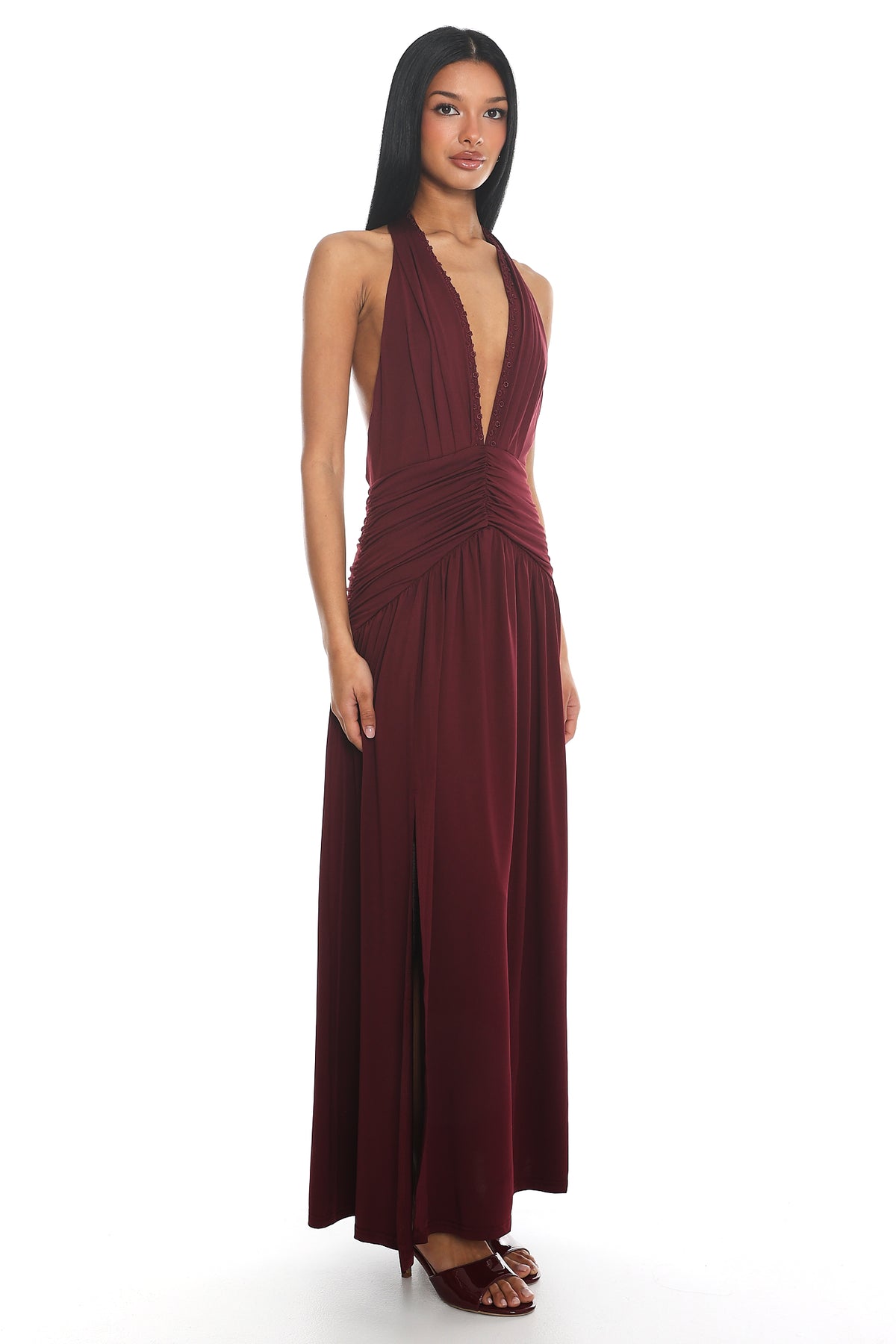 Tanya Halterneck Ruched Maxi Dress Plum