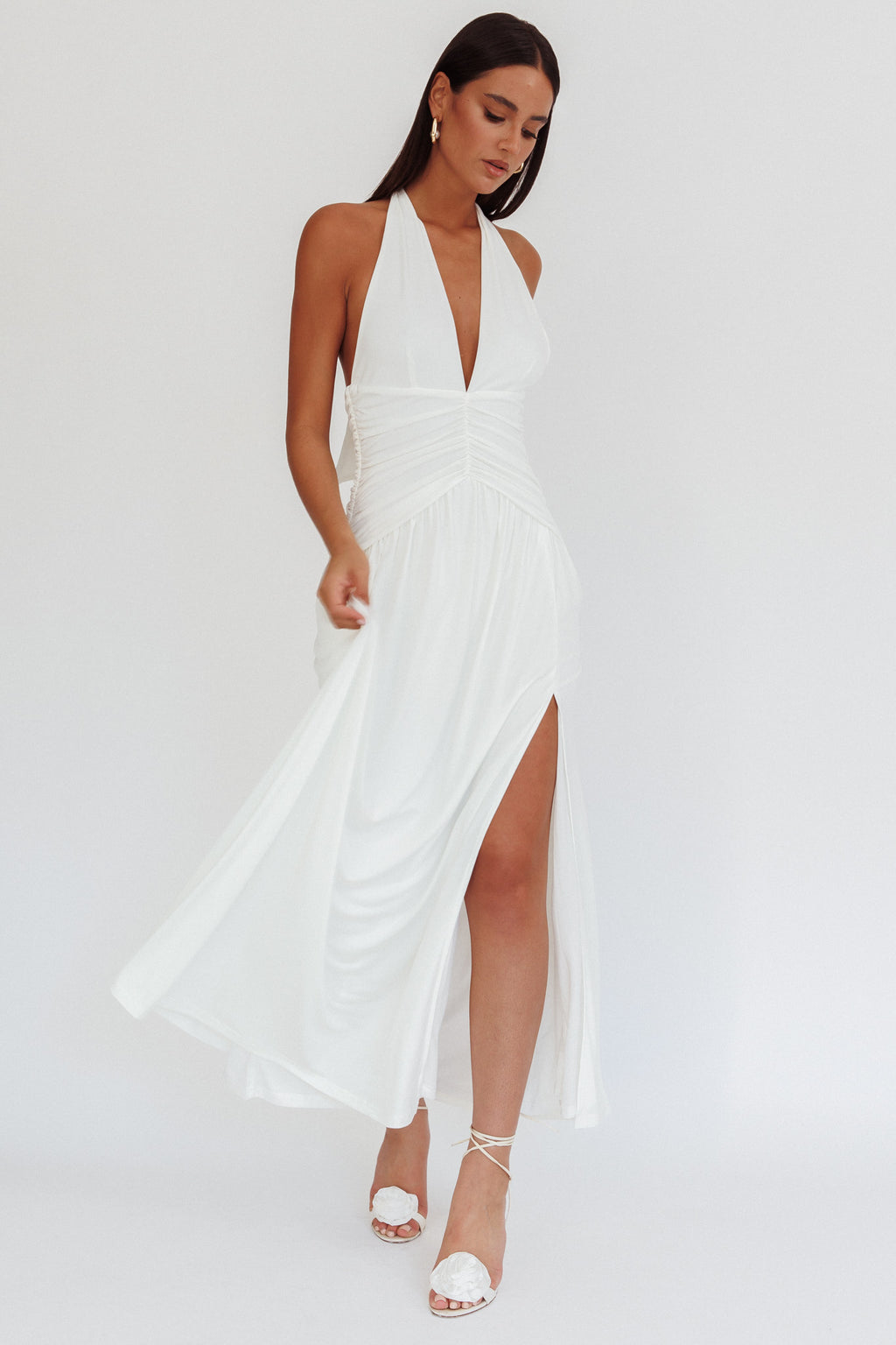 Italia Azure Gathered Waist Maxi Dress White by Selfie Leslie