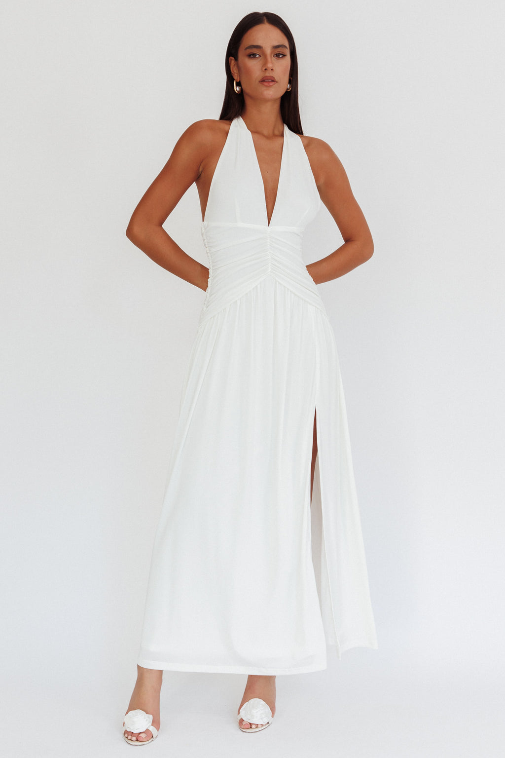 Italia Azure Gathered Waist Maxi Dress White by Selfie Leslie
