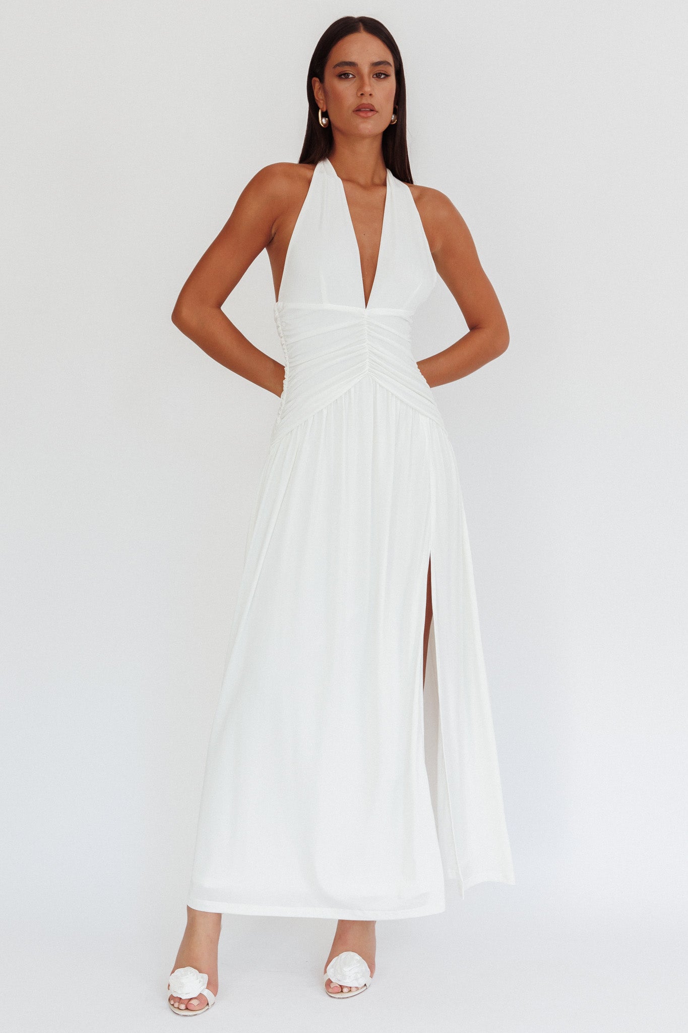 Italia Azure Gathered Waist Maxi Dress White by Selfie Leslie