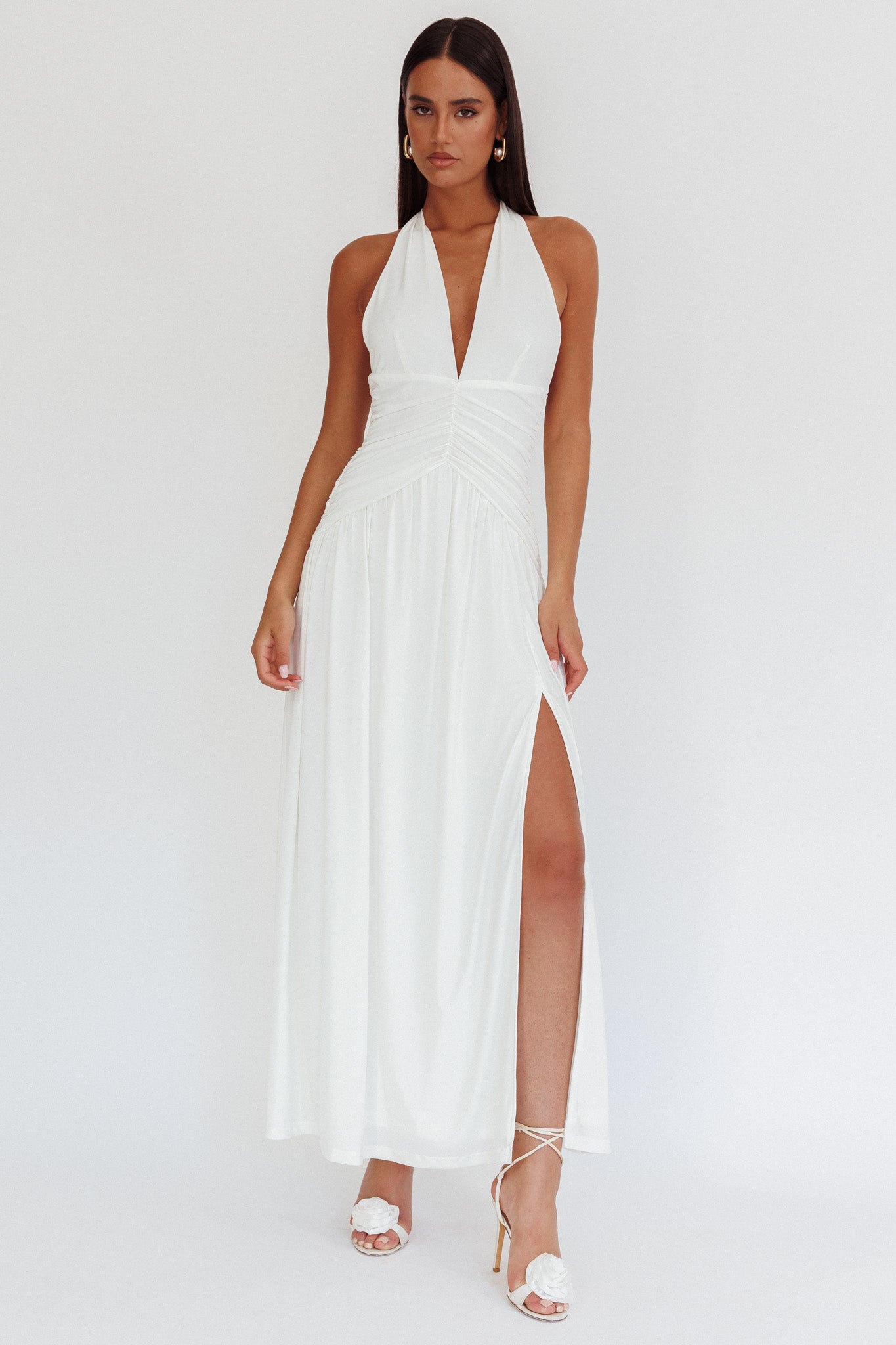Italia Azure Gathered Waist Maxi Dress White by Selfie Leslie