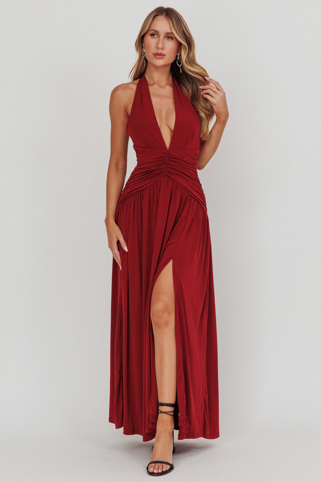 Italia Azure Gathered Waist Maxi Dress Wine by Selfie Leslie