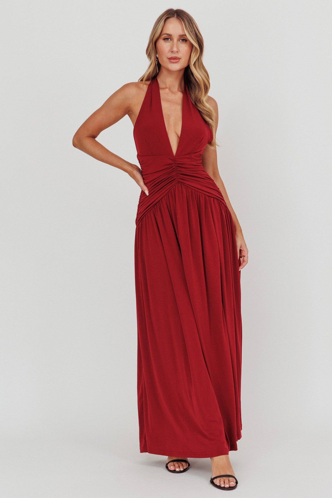 Italia Azure Gathered Waist Maxi Dress Wine by Selfie Leslie
