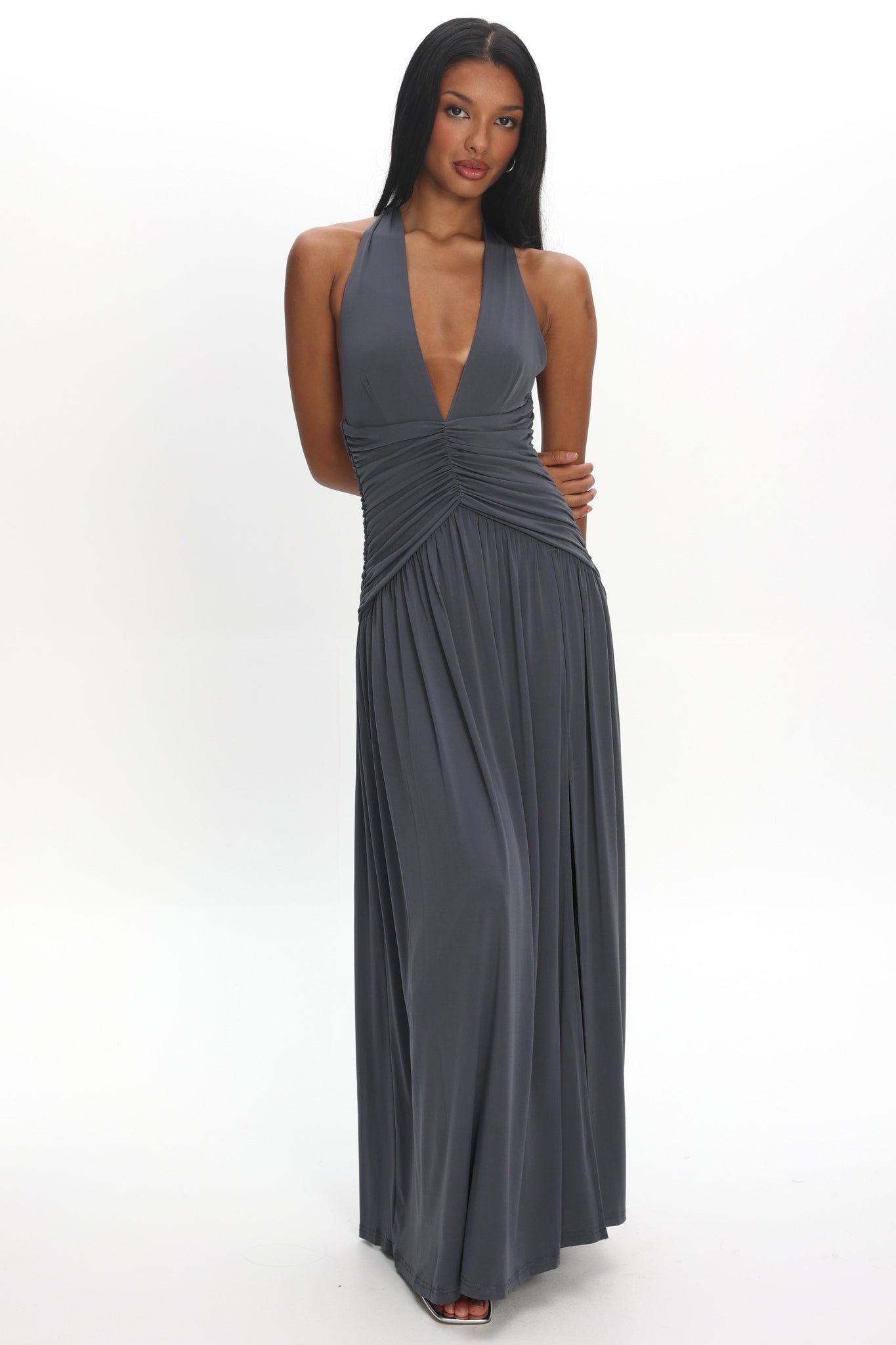 Italia Azure Gathered Waist Maxi Dress Charcoal