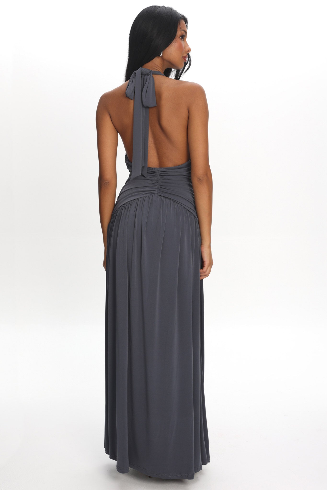 Italia Azure Gathered Waist Maxi Dress Charcoal