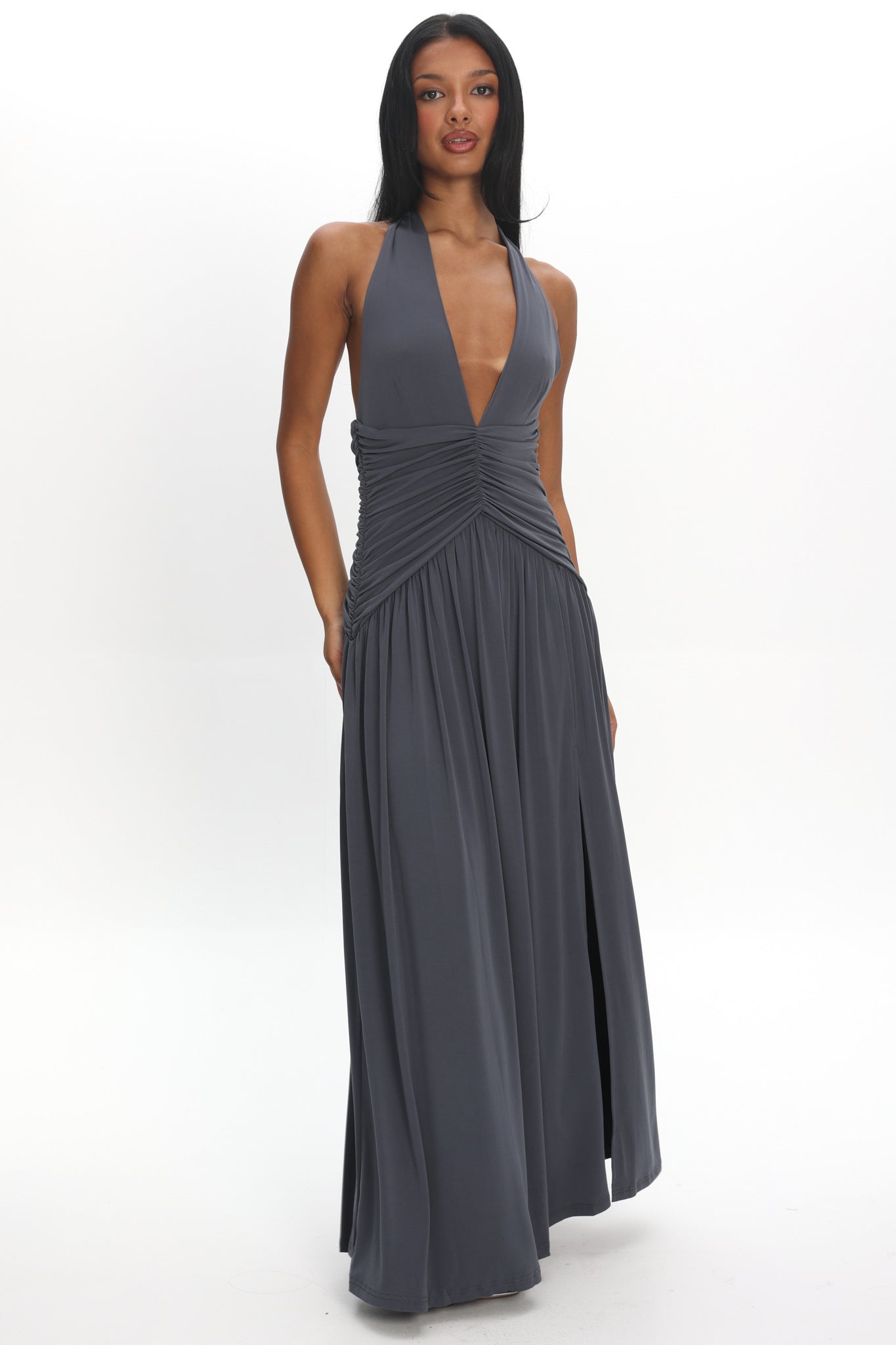 Italia Azure Gathered Waist Maxi Dress Charcoal– Selfie Leslie