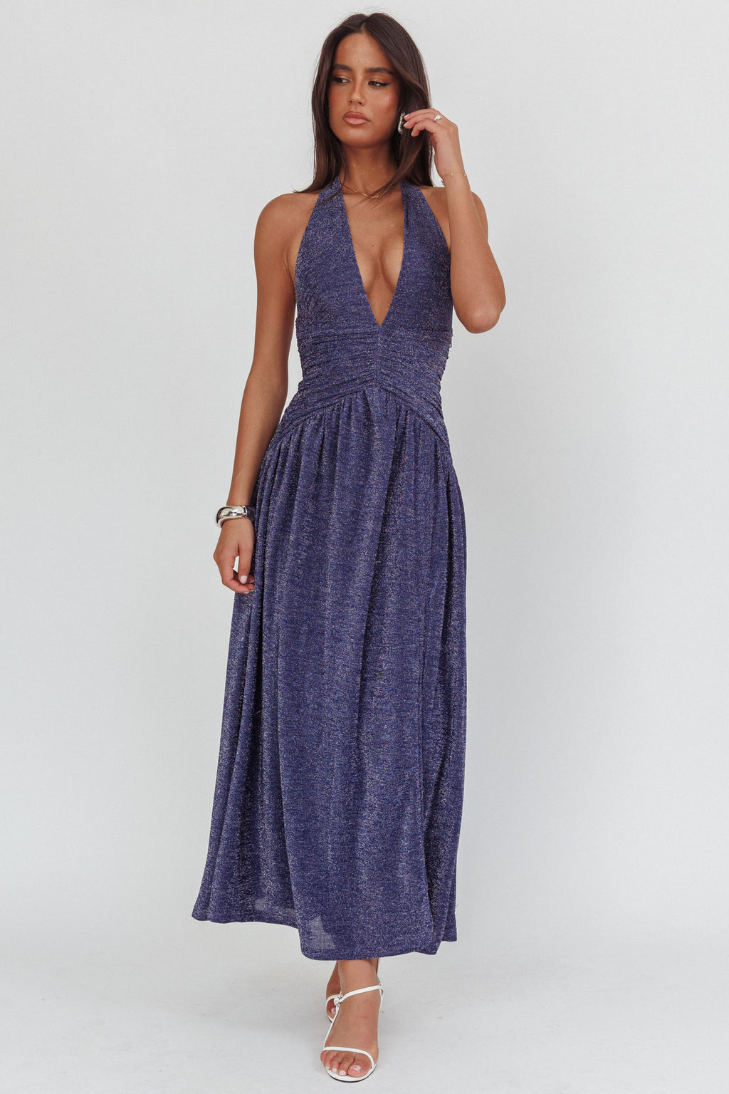 Italia Azure Gathered Waist Maxi Dress Shimmer Navy - S Italia Azure Gathered Waist Maxi Dress Shimmer Navy - S