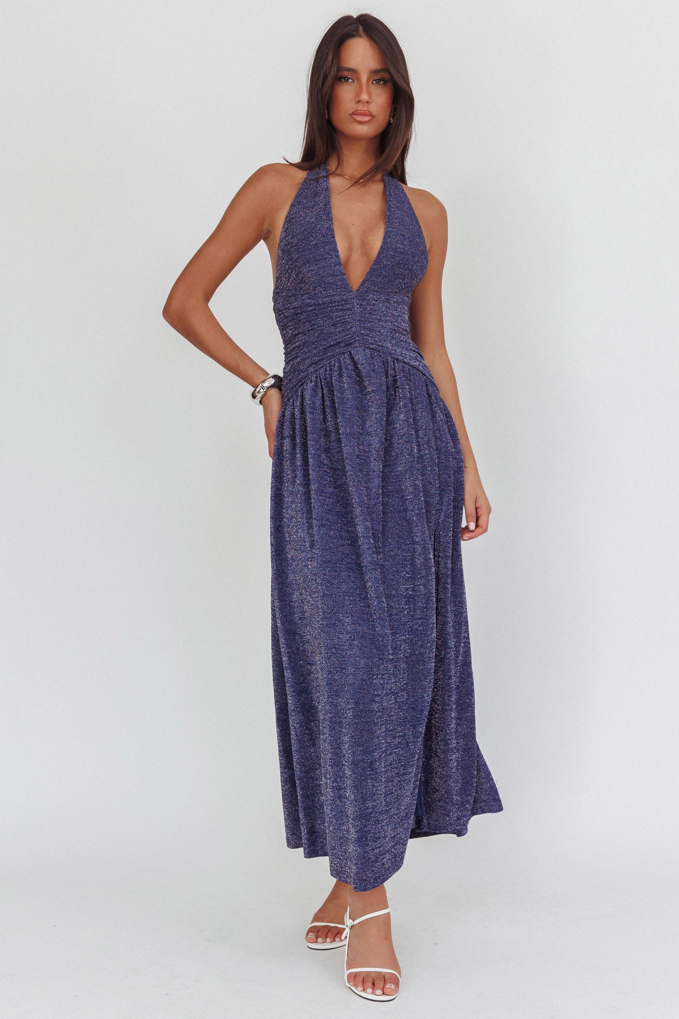 Italia Azure Gathered Waist Maxi Dress Shimmer Navy– Selfie Leslie
