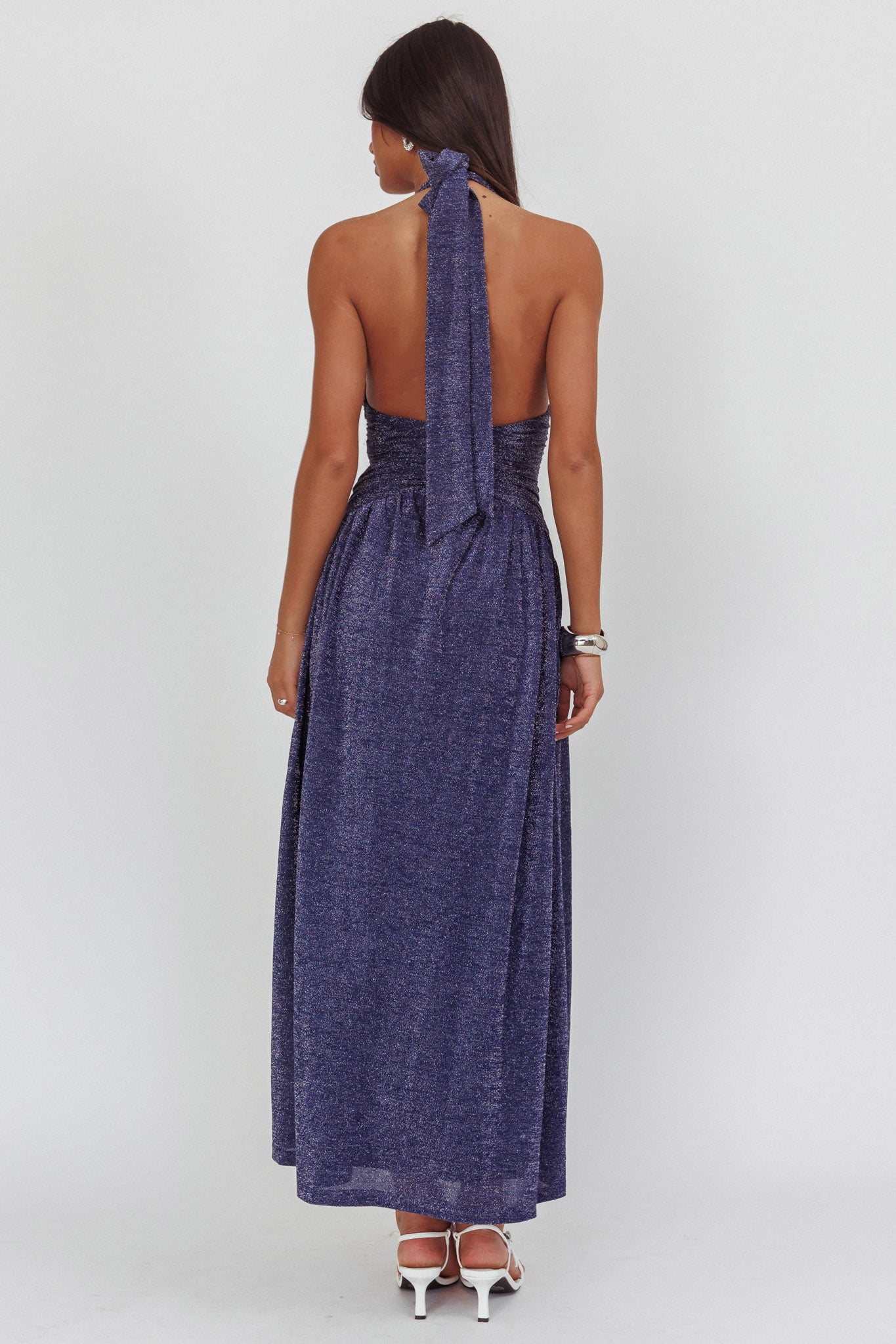 Italia Azure Gathered Waist Maxi Dress Shimmer Navy by Selfie Leslie