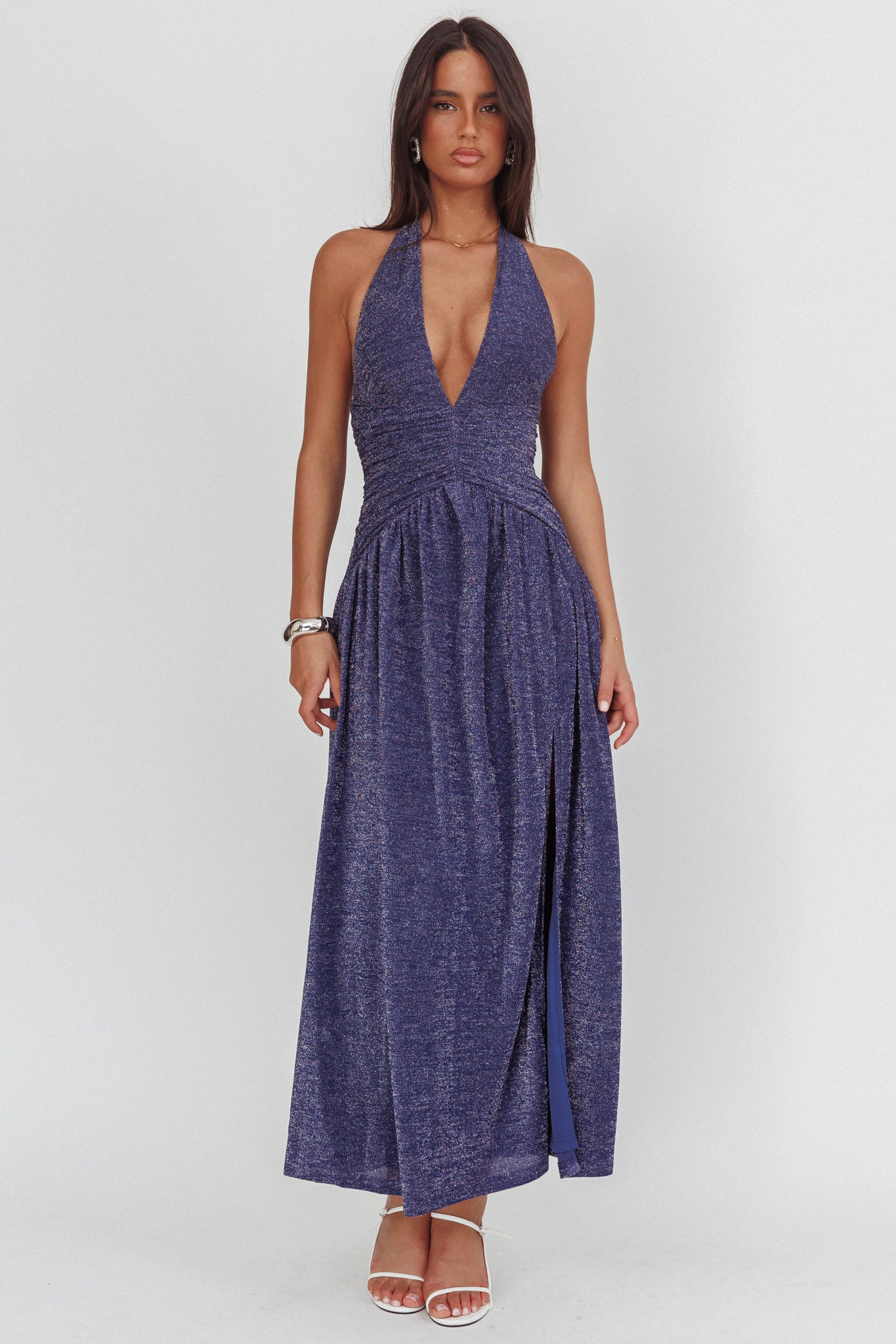 Italia Azure Gathered Waist Maxi Dress Shimmer Navy | Selfie Leslie