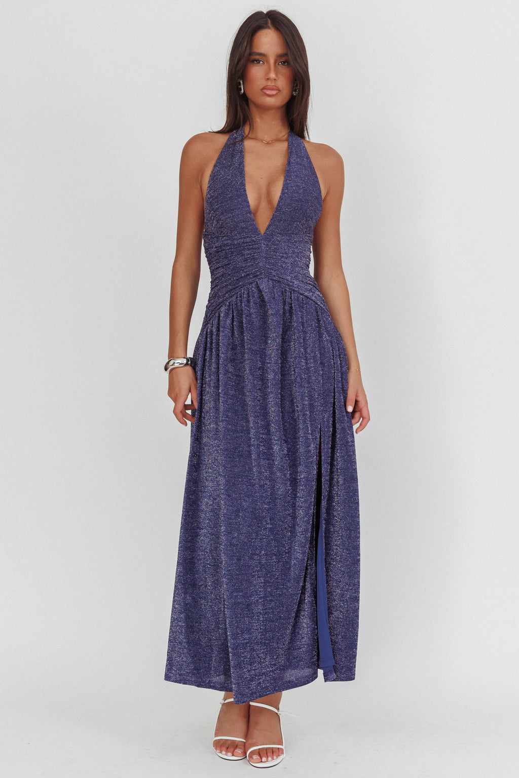 Italia Azure Gathered Waist Maxi Dress Shimmer Navy by Selfie Leslie